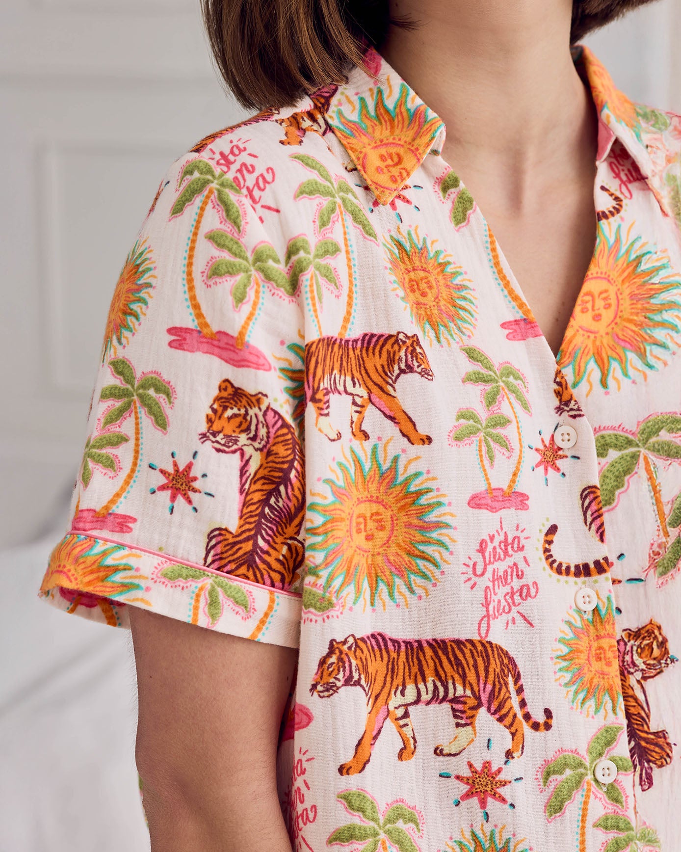 Organic Cotton Cheesecloth Siesta Tiger Print Short Button Up Pyjama Set