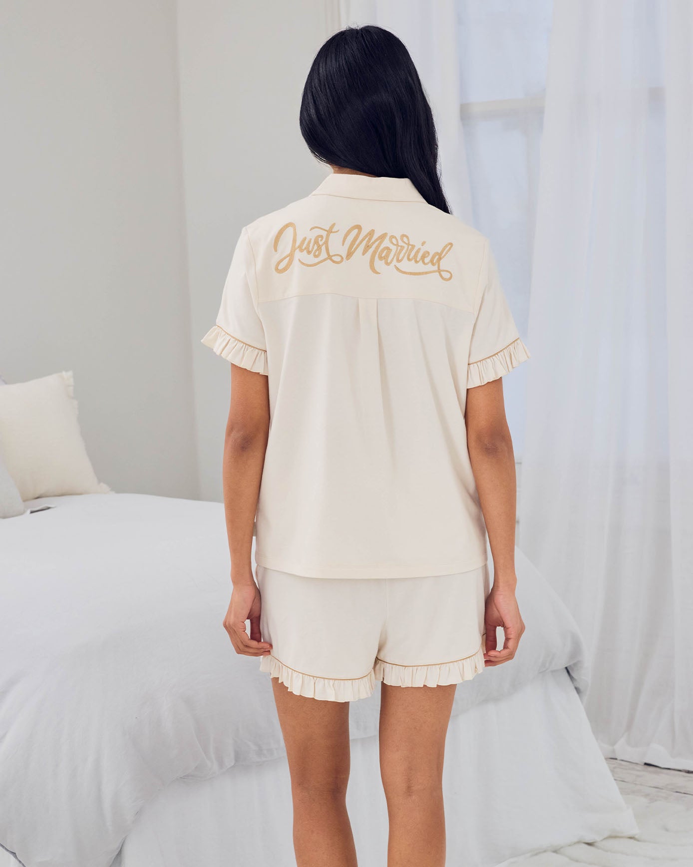 Organic Cotton Embroidered Just Married Frill Short Pyjama Set - Cream