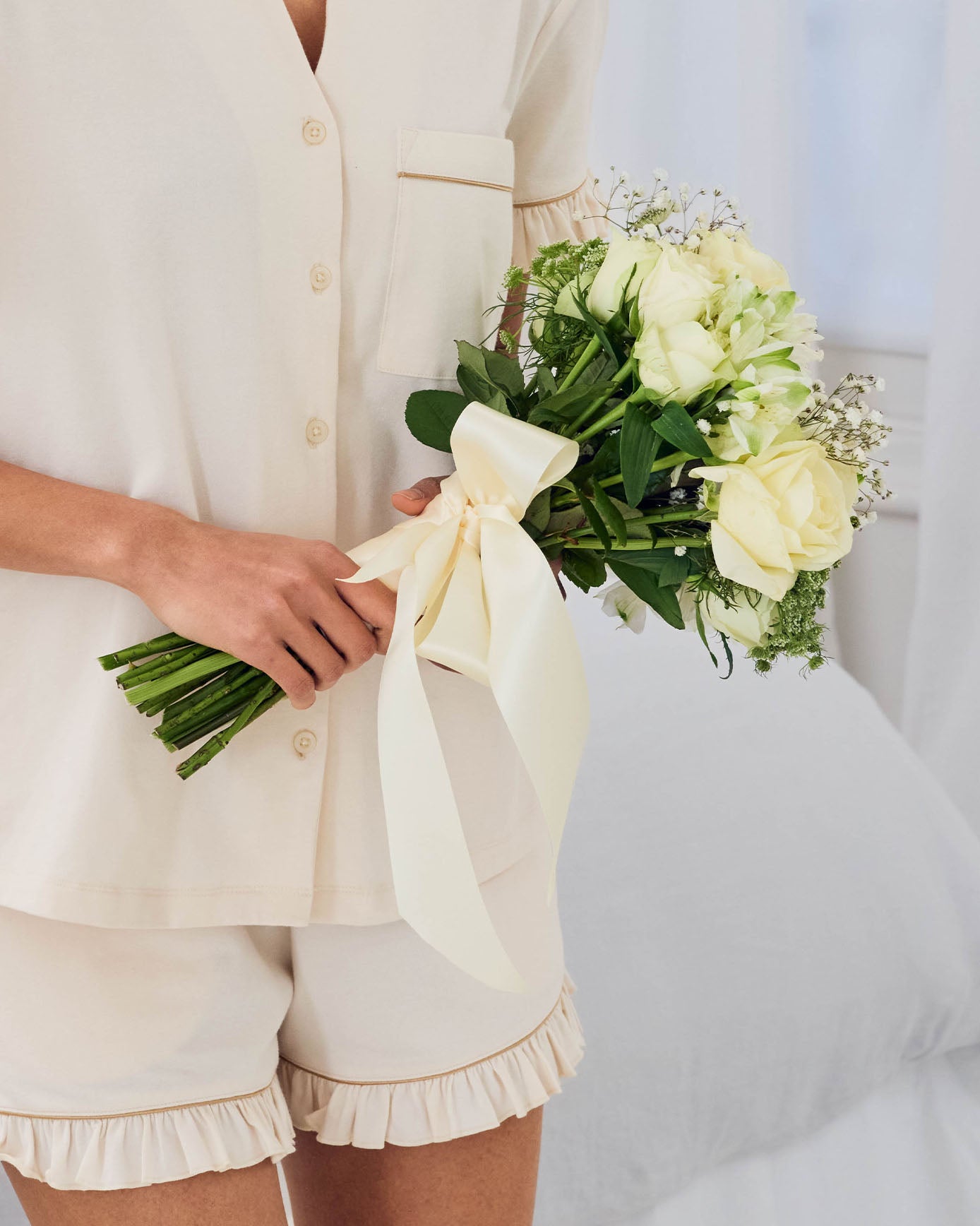 Organic Cotton Embroidered Just Married Frill Short Pyjama Set - Cream