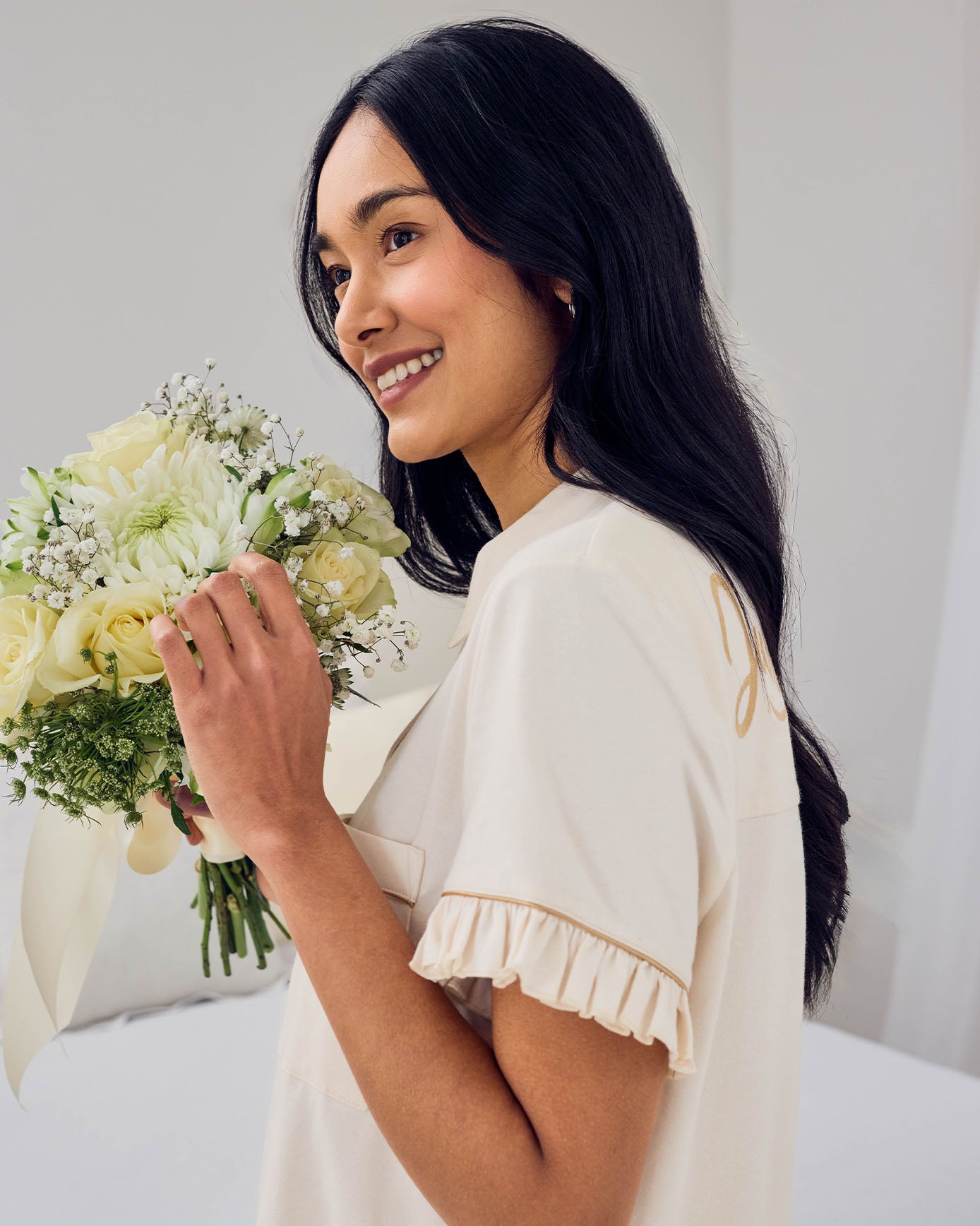 Organic Cotton Embroidered Just Married Frill Short Pyjama Set - Cream