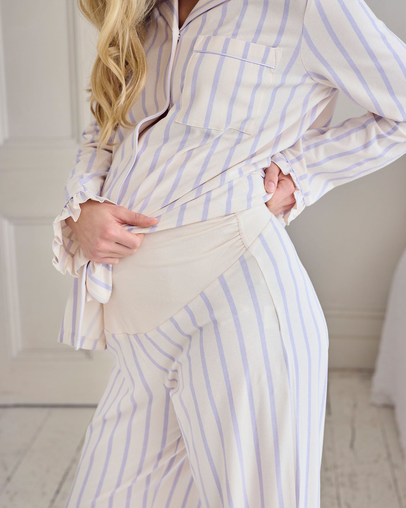 Maternity Organic Cotton Lilac Stripe Frill Long Pyjama Set