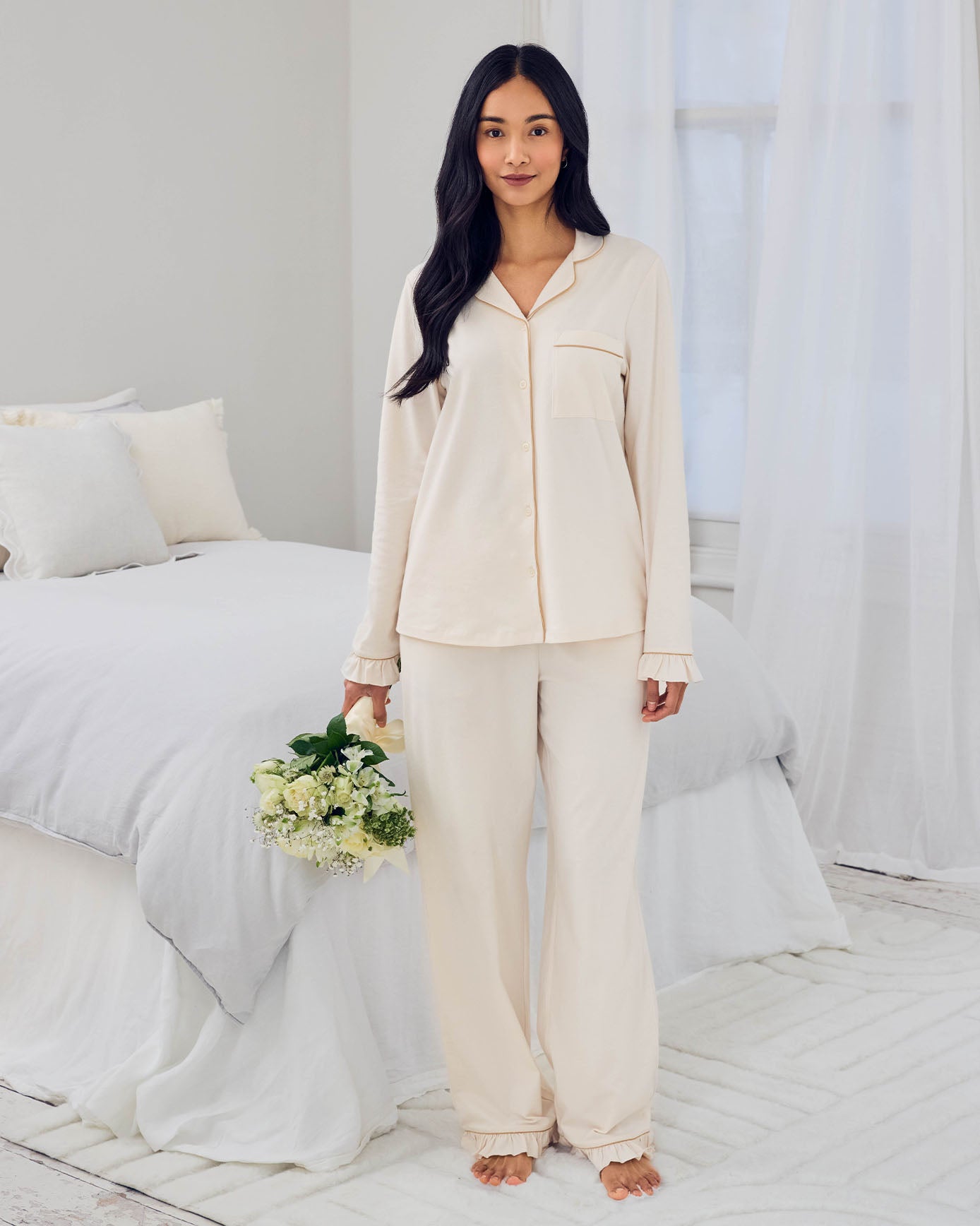 Organic Cotton Embroidered Just Married Frill Long Pyjama Set - Cream 