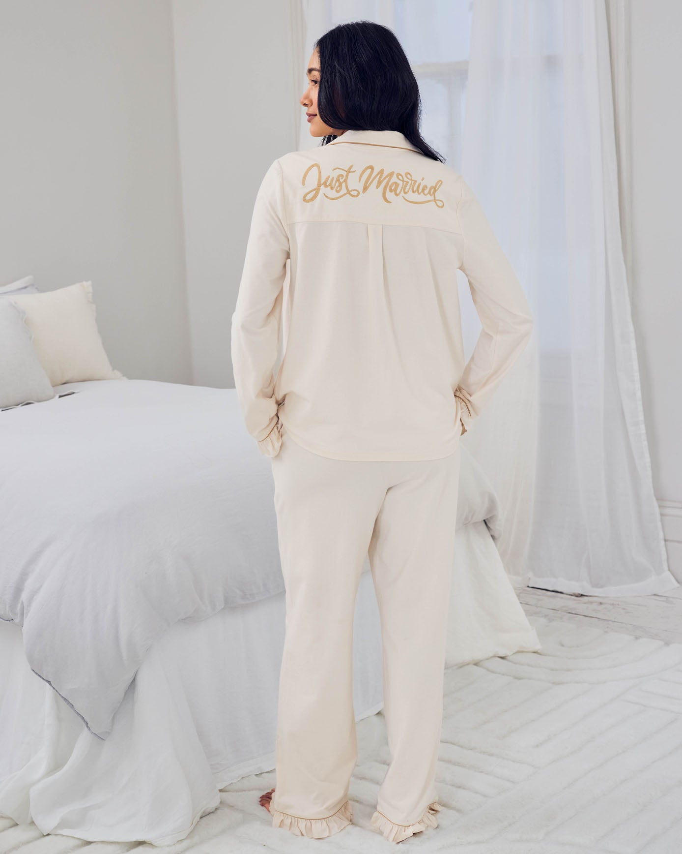 Organic Cotton Embroidered Just Married Frill Long Pyjama Set - Cream 