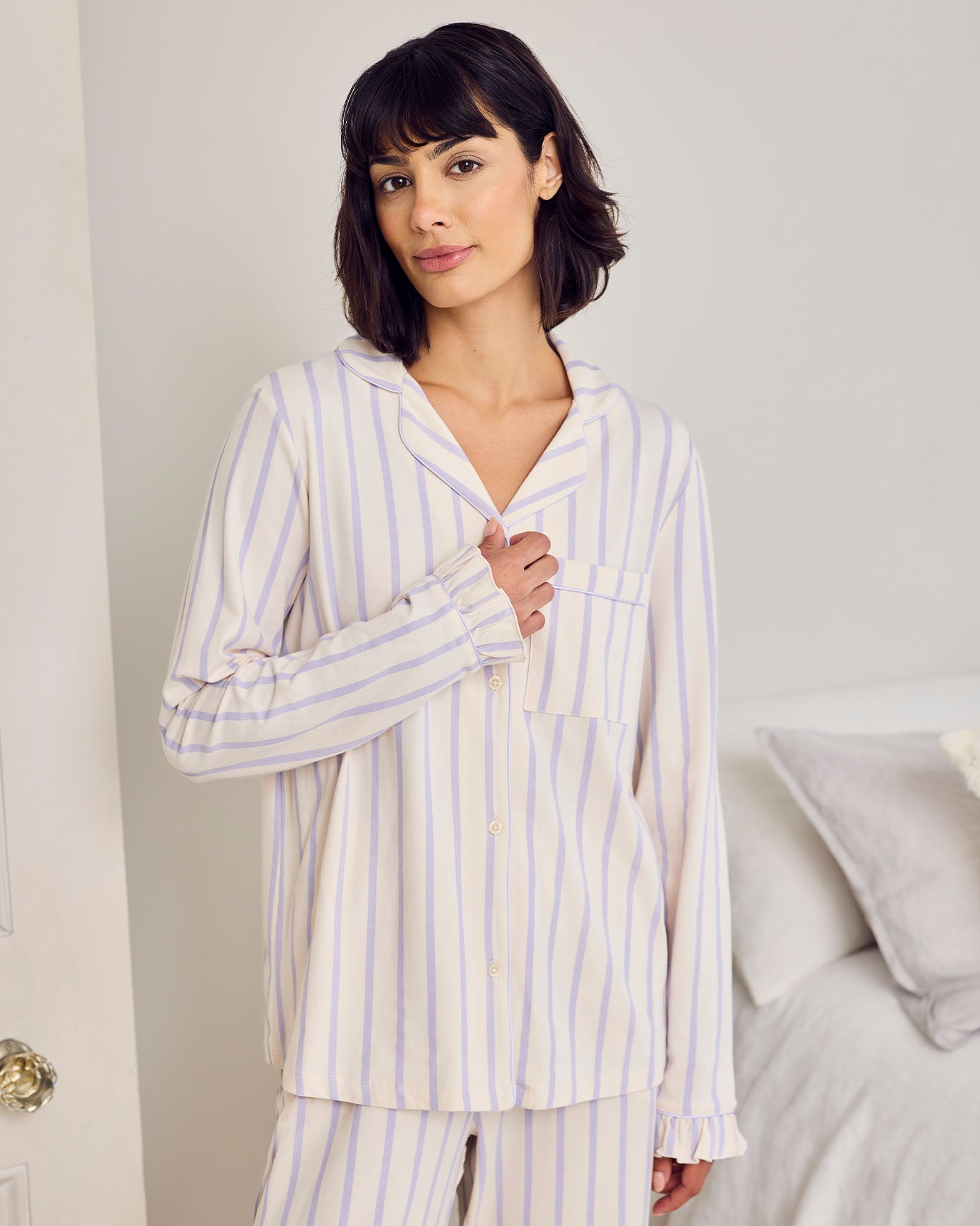 Petite Organic Cotton Lilac Stripe Frill Long Pyjama Set
