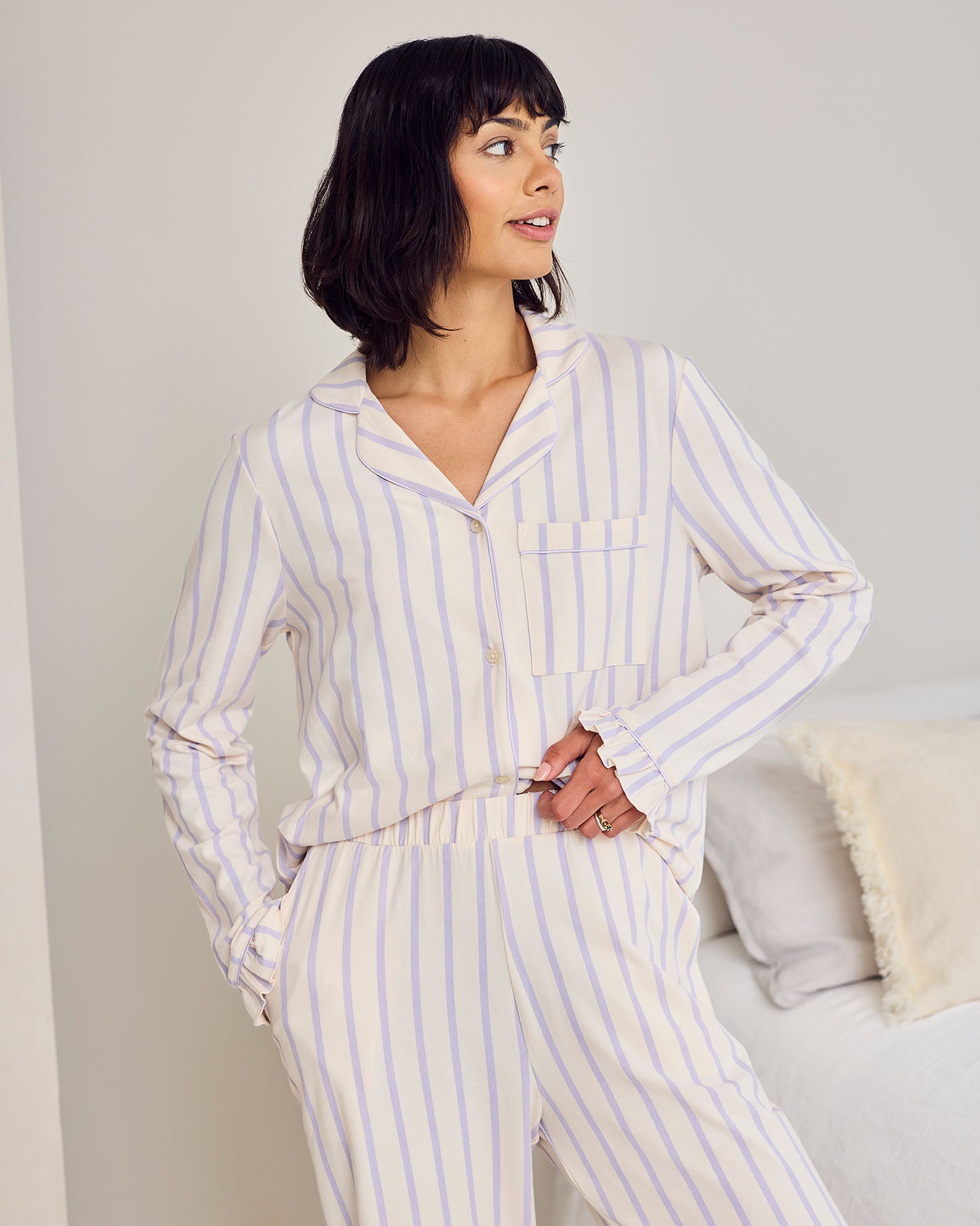 Petite Organic Cotton Lilac Stripe Frill Long Pyjama Set