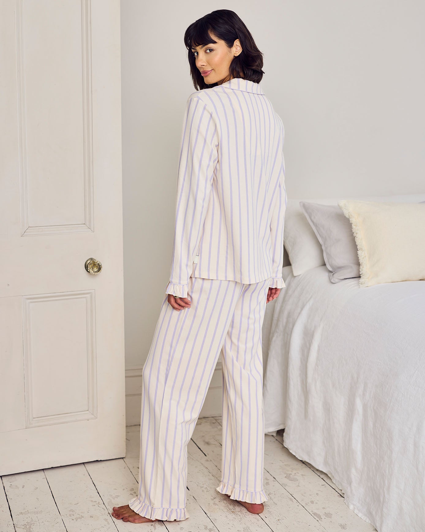 Tall Organic Cotton Lilac Stripe Frill Long Pyjama Set