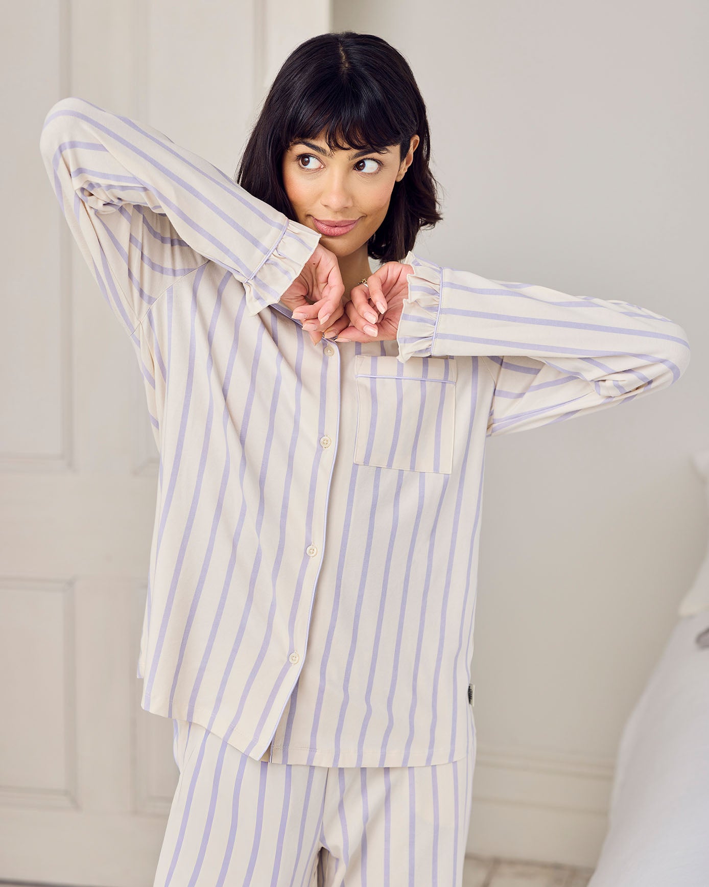 Petite Organic Cotton Lilac Stripe Frill Long Pyjama Set
