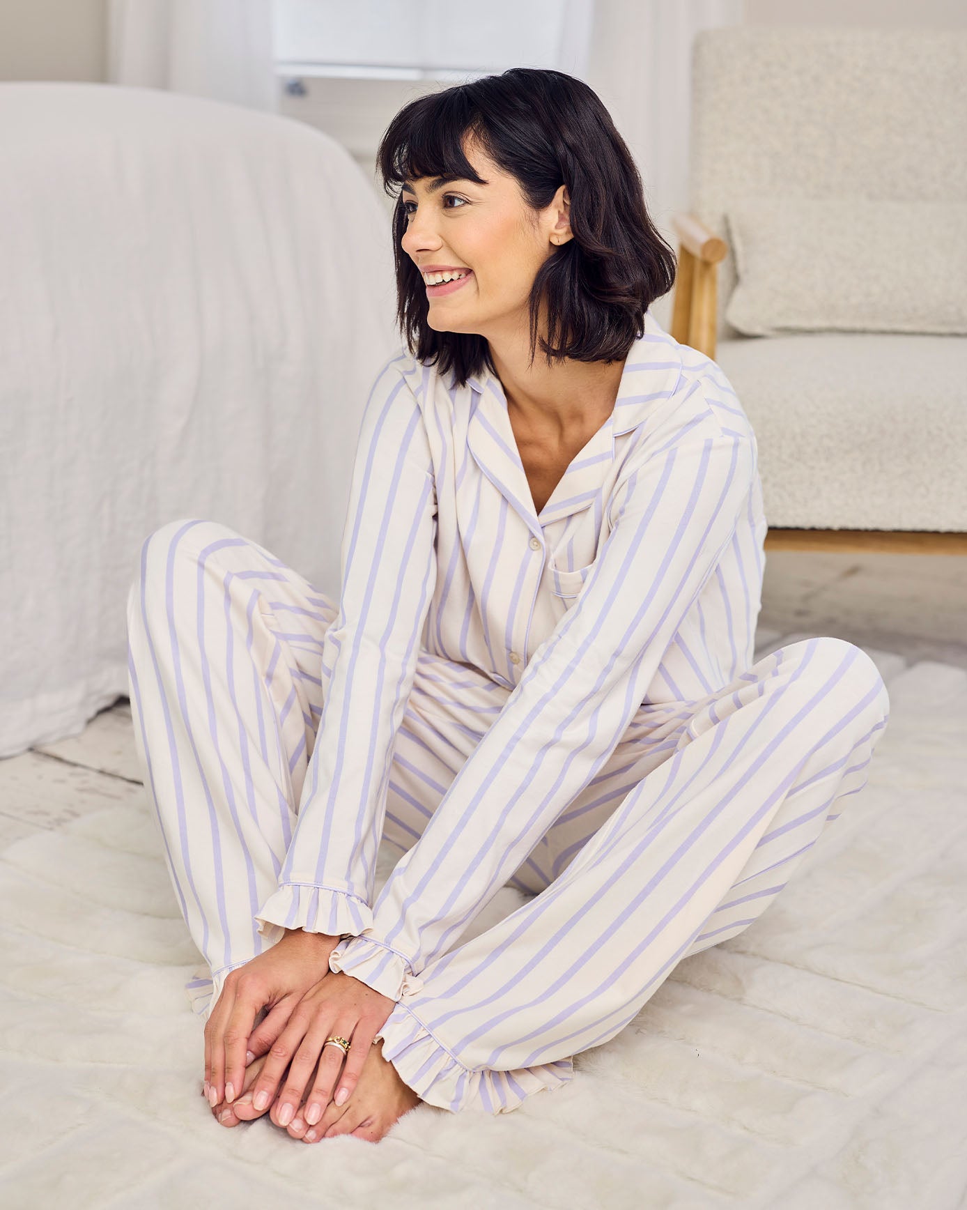 Organic Cotton Lilac Stripe Frill Long Pyjama Set