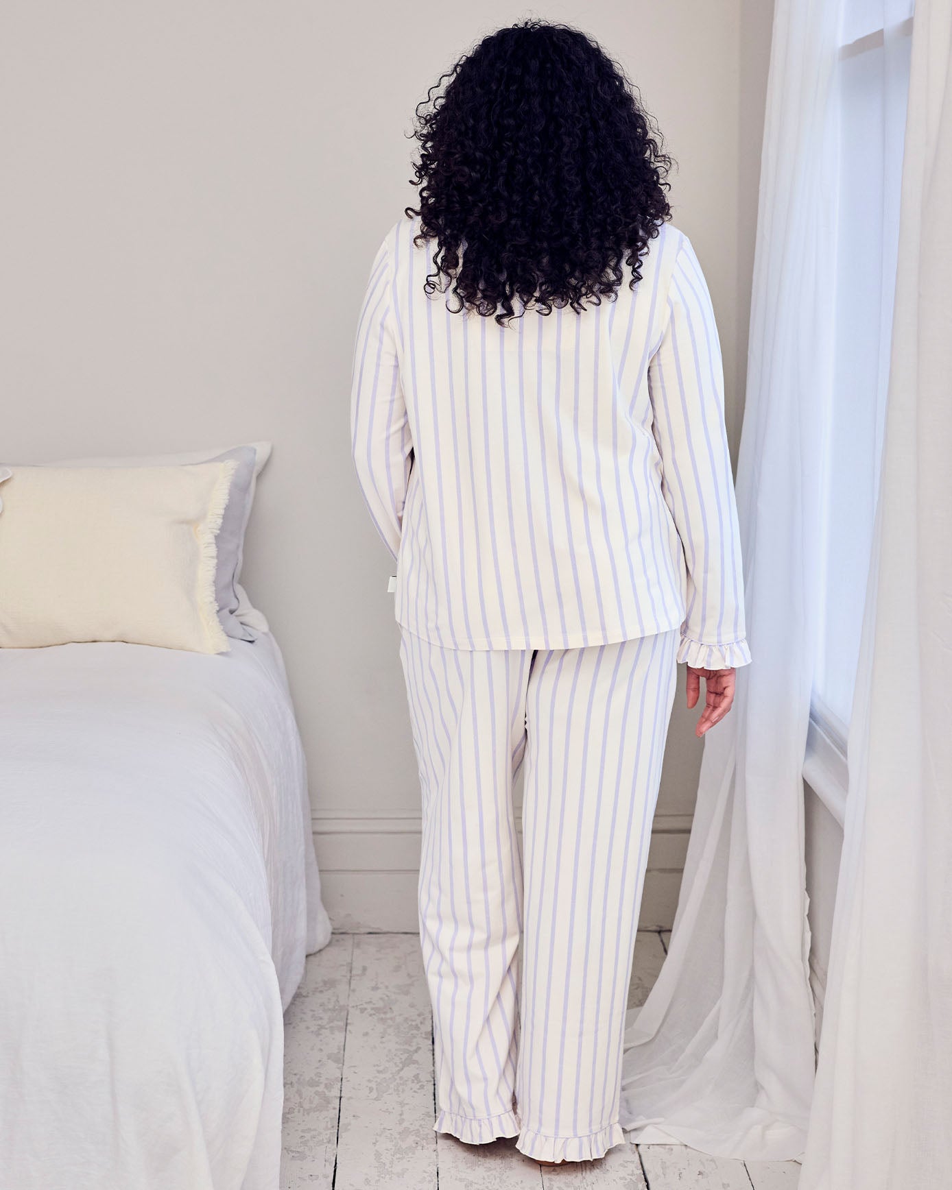 Tall Organic Cotton Lilac Stripe Frill Long Pyjama Set