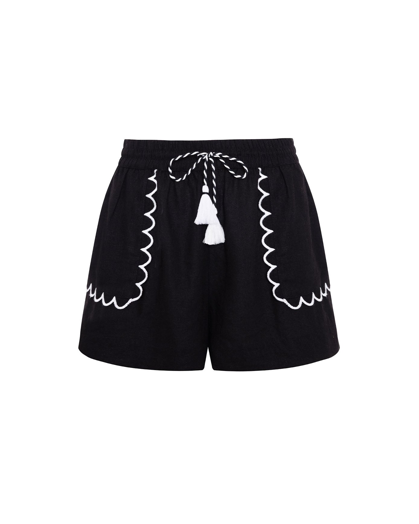Linen-Blend Scallop Edge Shorts - Black