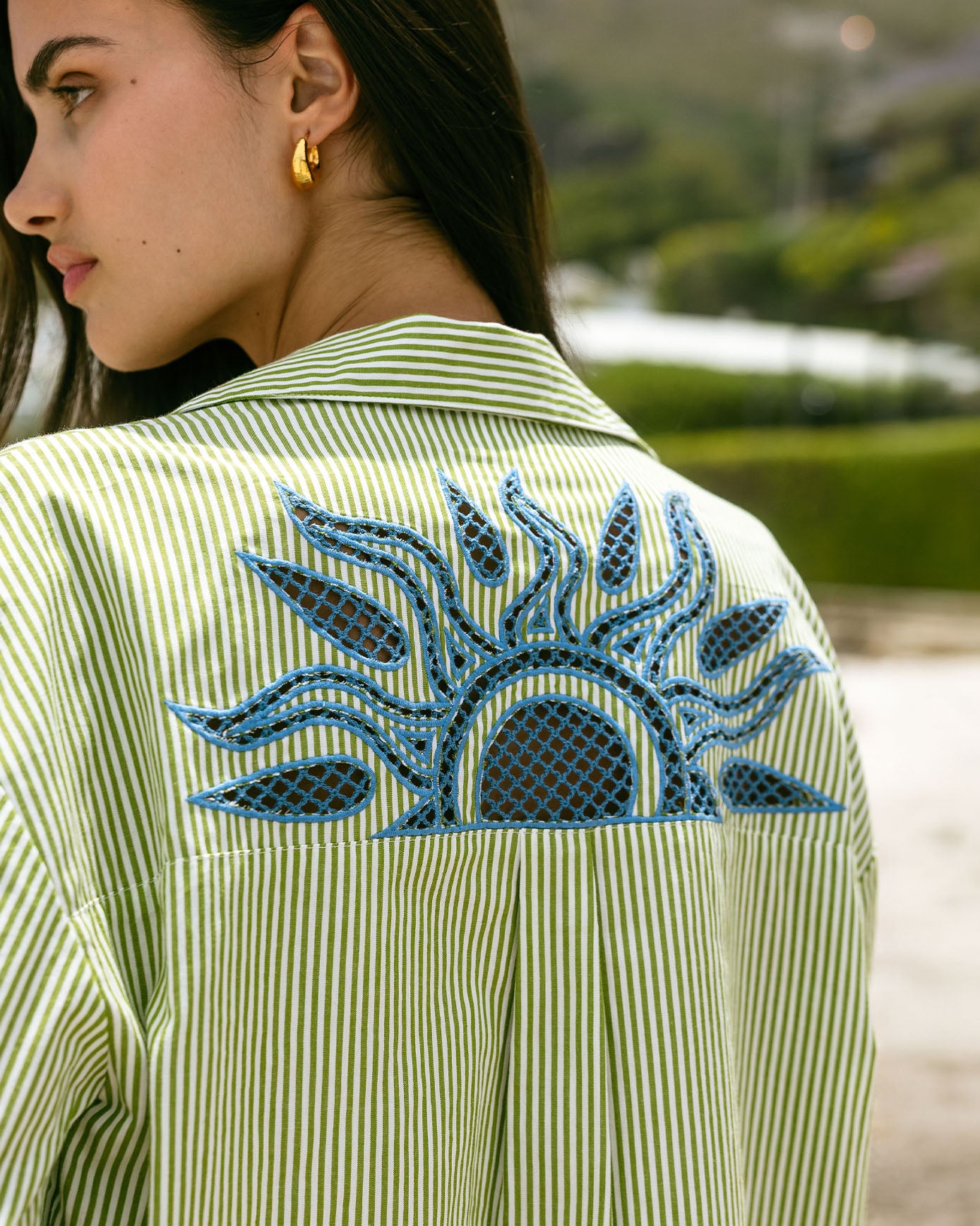 Organic Cotton Poplin Embroidered Back Stripe Long Sleeve Shirt