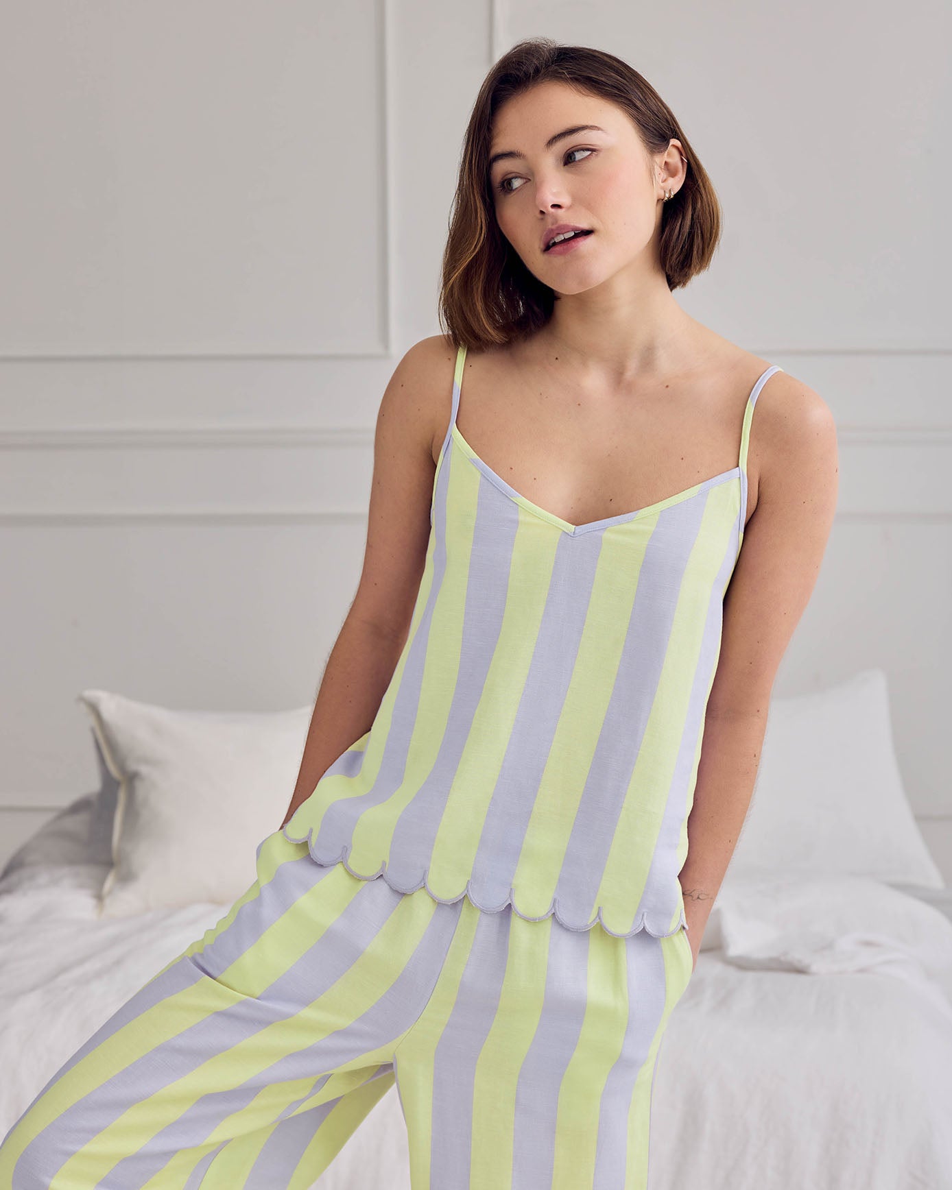 Linen Blend Scallop Edge Stripe Long Pyjama Set - Lilac