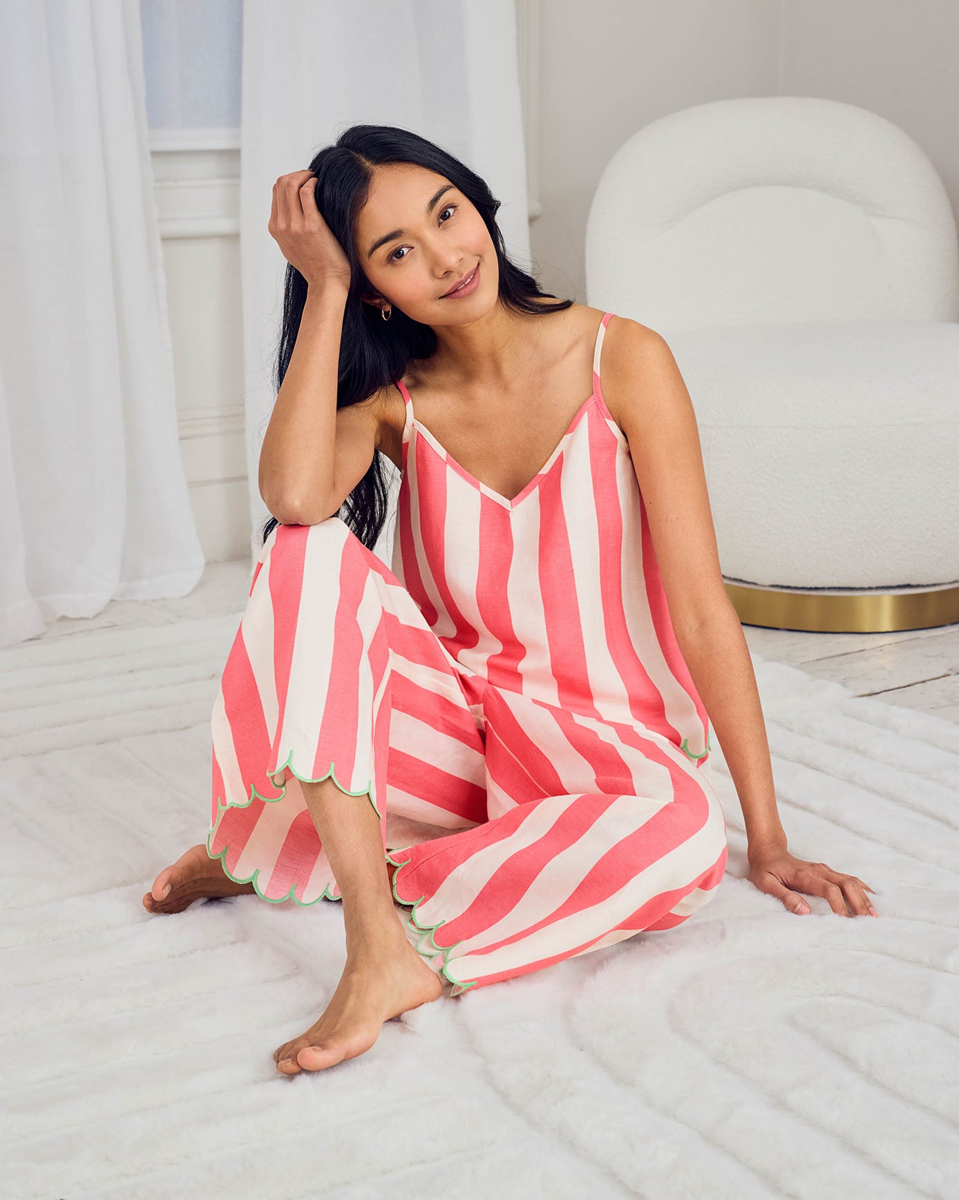 Linen Blend Scallop Edge Stripe Long Pyjama Set - Bright Pink
