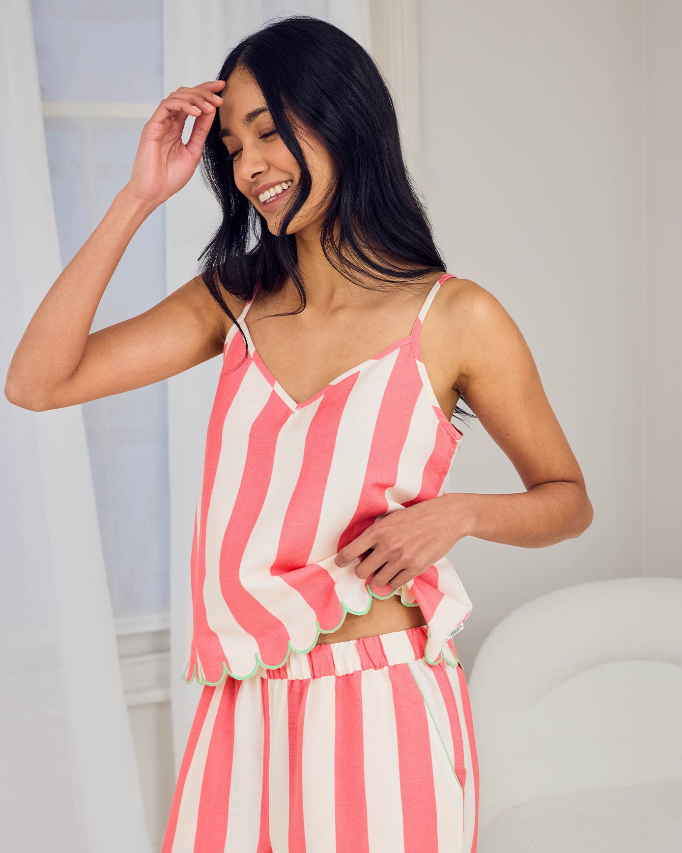 Linen Blend Scallop Edge Stripe Long Pyjama Set - Bright Pink