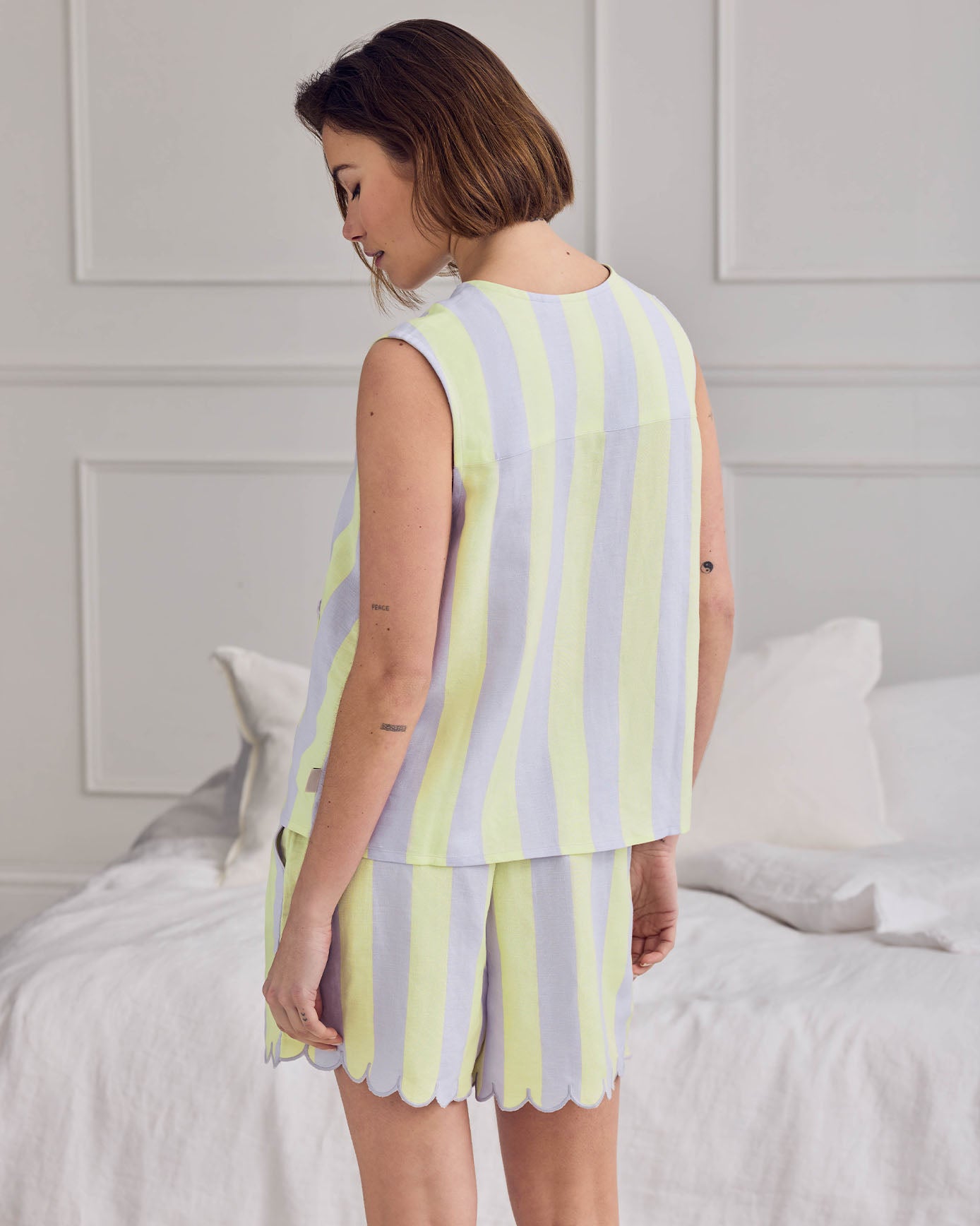 Linen Blend Scallop Edge Tie-Front Stripe Cami Short Pyjama Set - Lilac