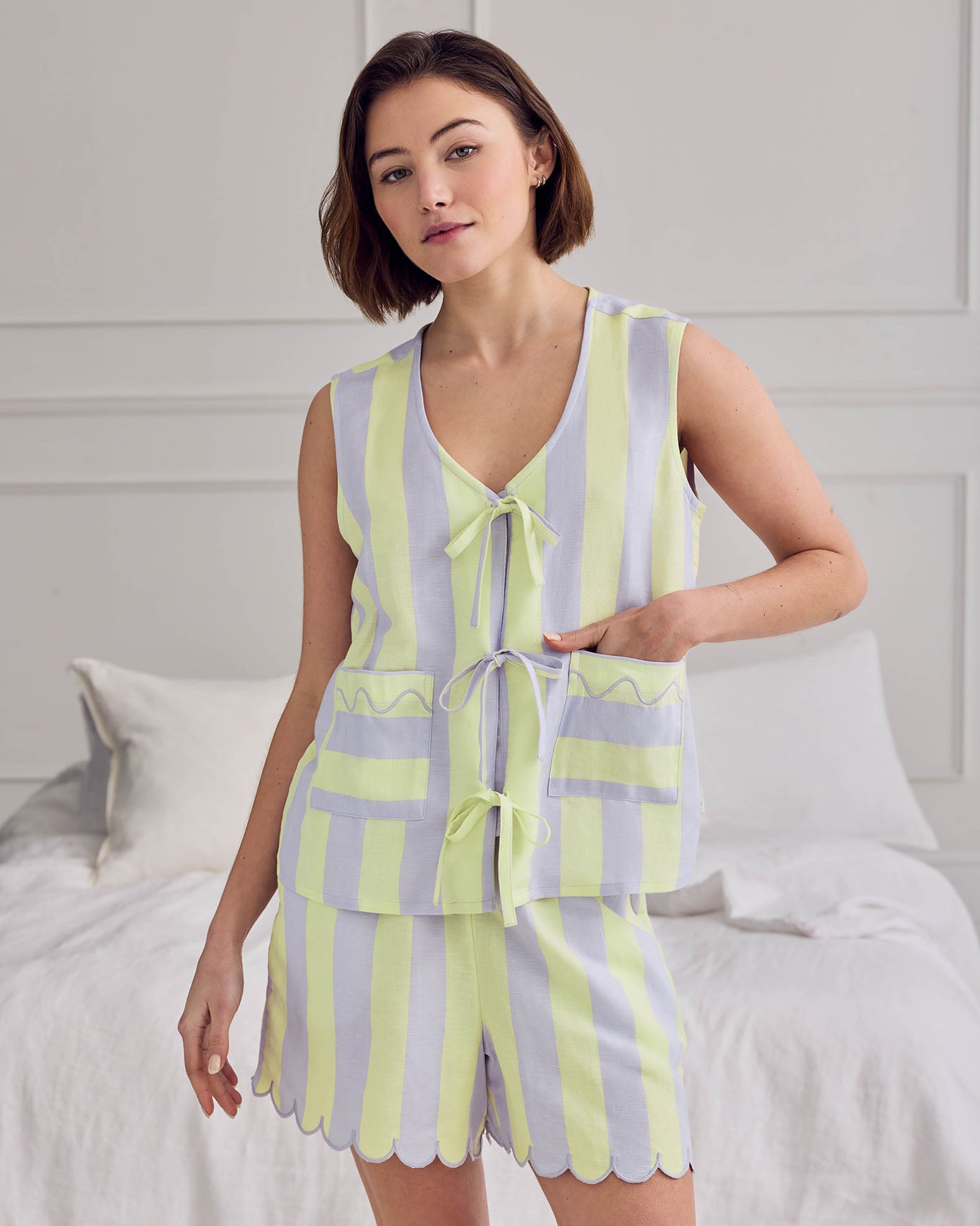 Linen Blend Scallop Edge Tie-Front Stripe Cami Short Pyjama Set - Lilac