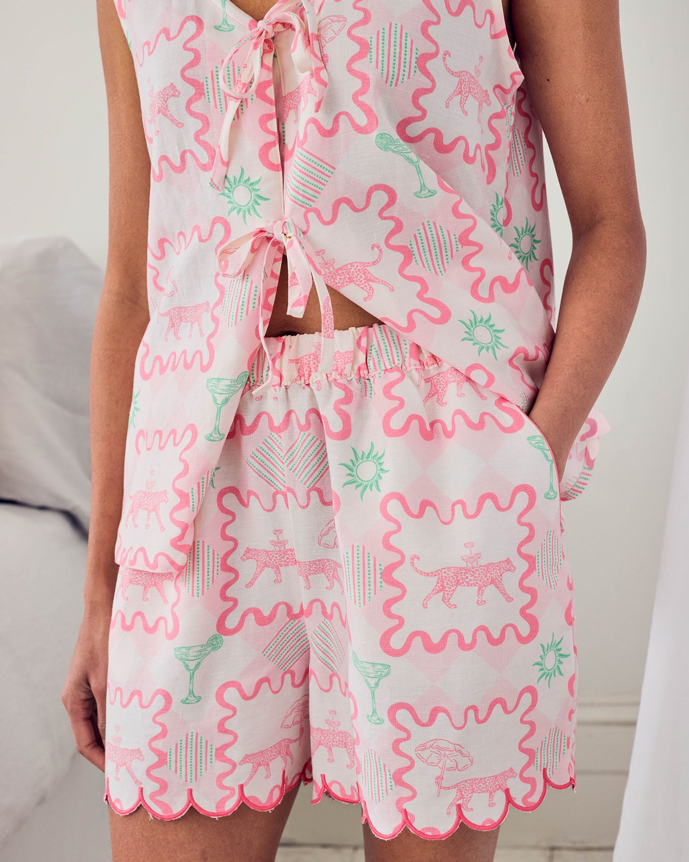 Linen-Blend Tie Front Cami Cocktail Leopard Geo Print Short Pyjama Set