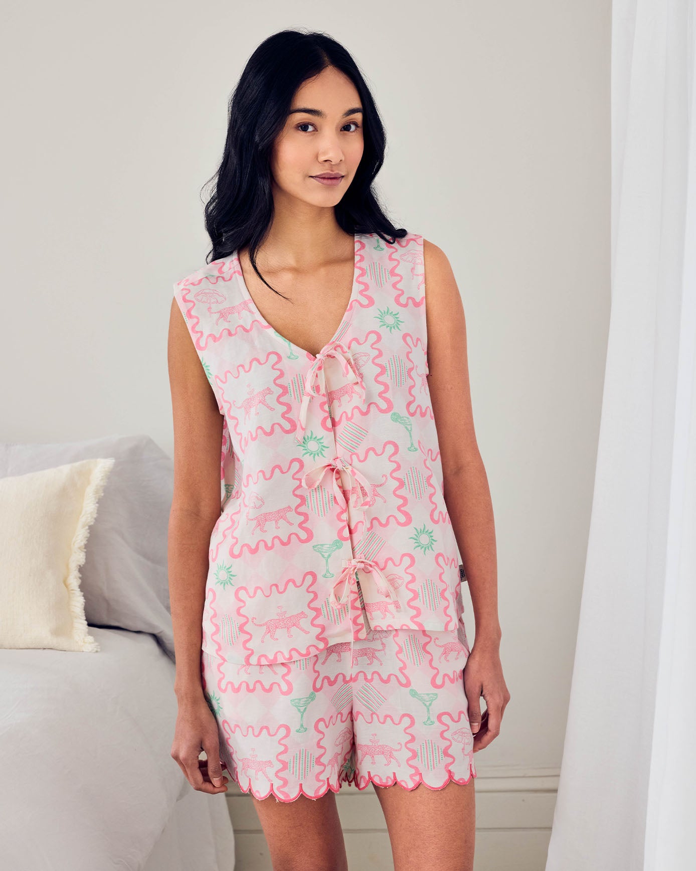 Linen-Blend Tie Front Cami Cocktail Leopard Geo Print Short Pyjama Set