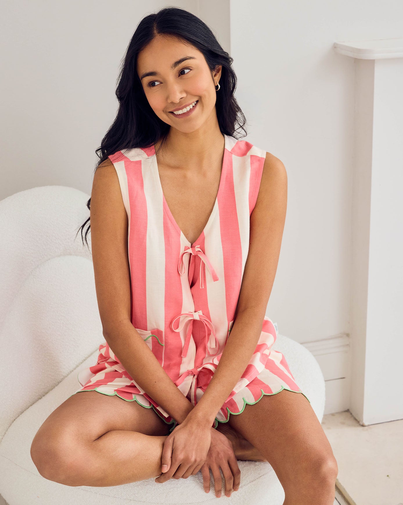 Linen Blend Scallop Edge Tie Front Stripe Cami Short Pyjama Set - Bright Pink