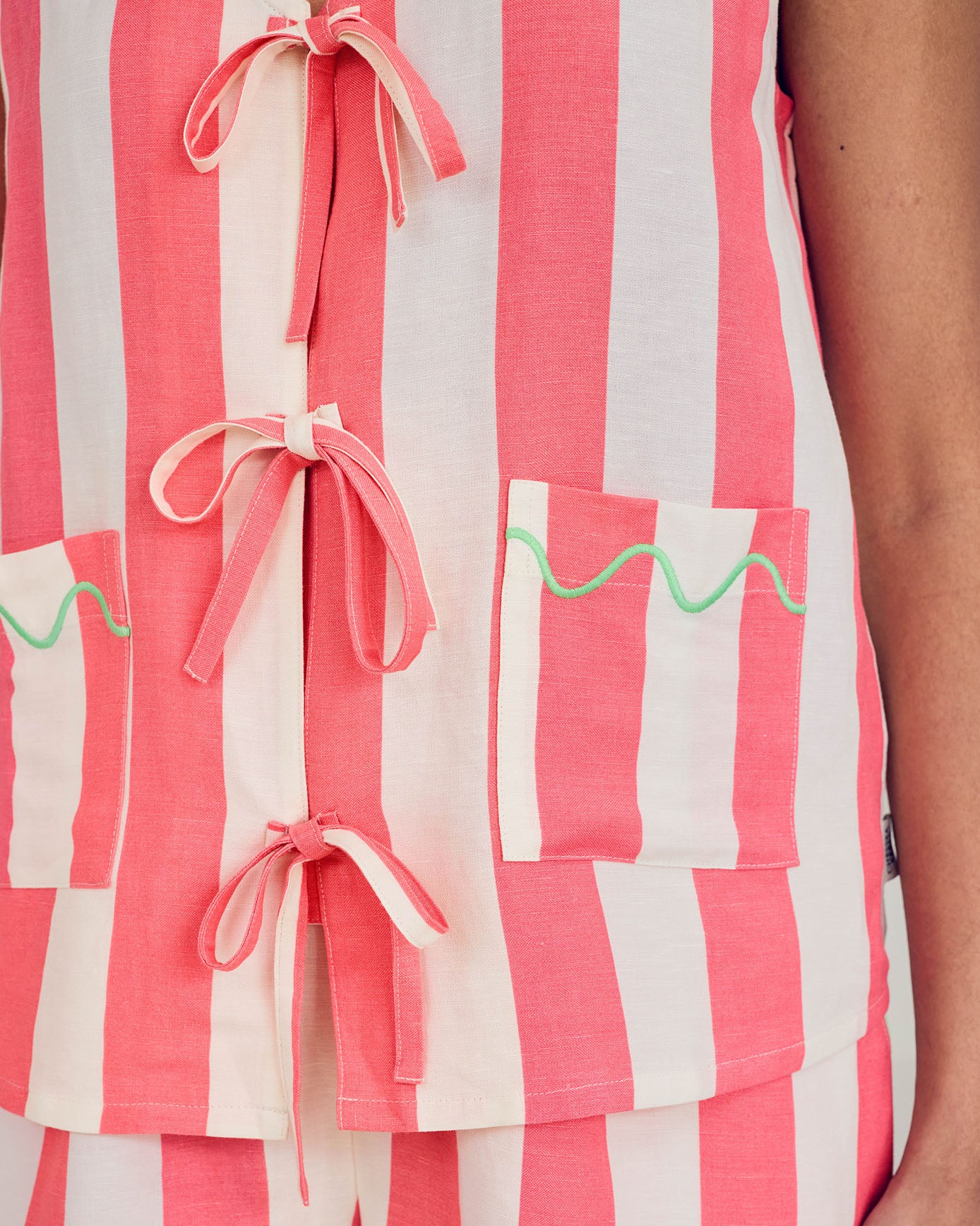 Linen Blend Scallop Edge Tie Front Stripe Cami Short Pyjama Set - Bright Pink