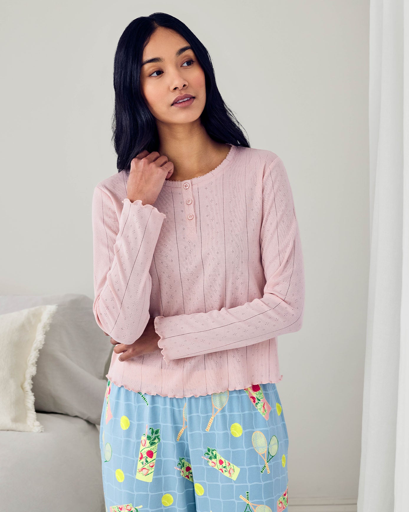 Pointelle & Organic Cotton Tennis & Cocktails Print Long Pyjama Set
