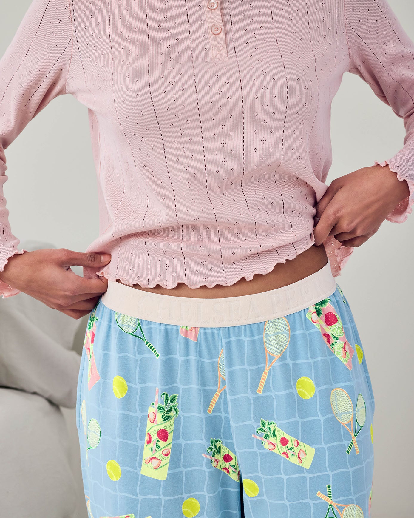 Pointelle & Organic Cotton Tennis & Cocktails Print Long Pyjama Set