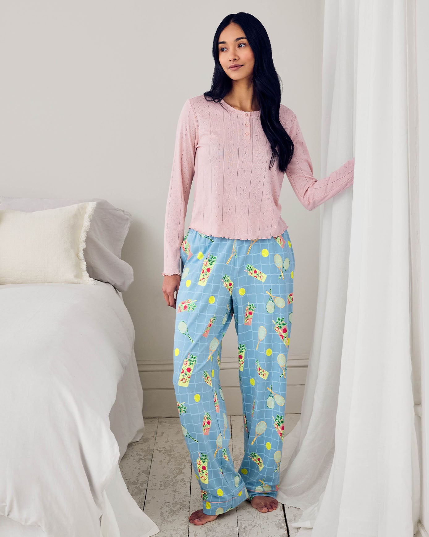 Pointelle & Organic Cotton Tennis & Cocktails Print Long Pyjama Set