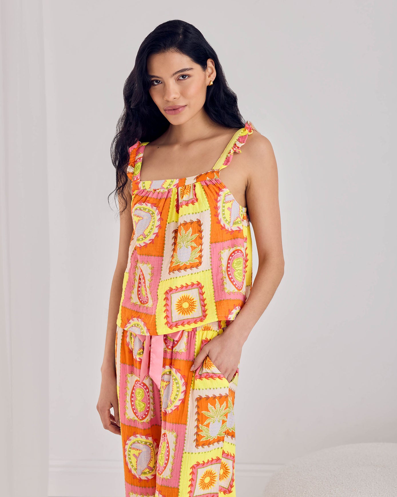 Linen Blend Tropical Patchwork Print Frill Cami Long Pyjama Set
