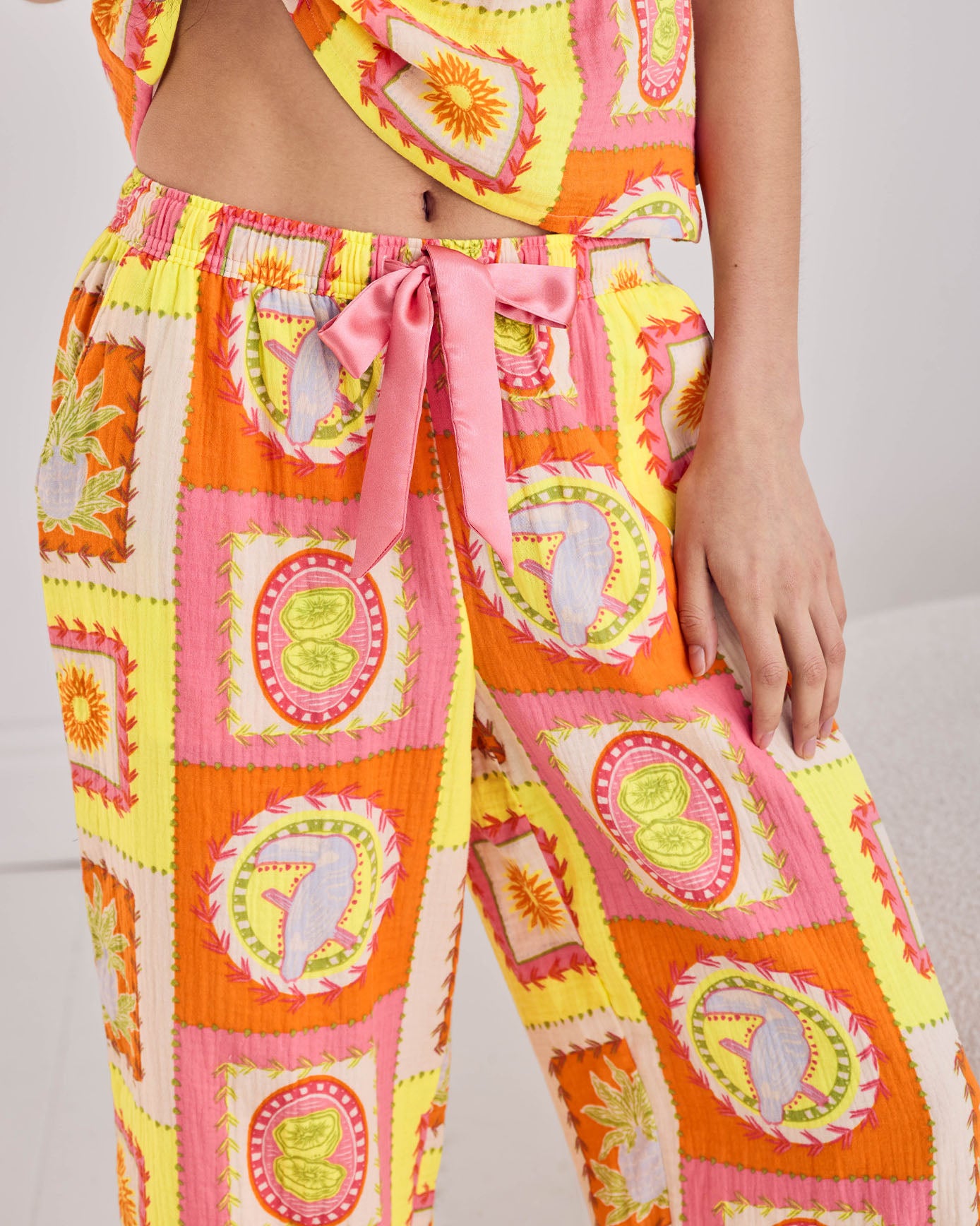 Linen Blend Tropical Patchwork Print Frill Cami Long Pyjama Set