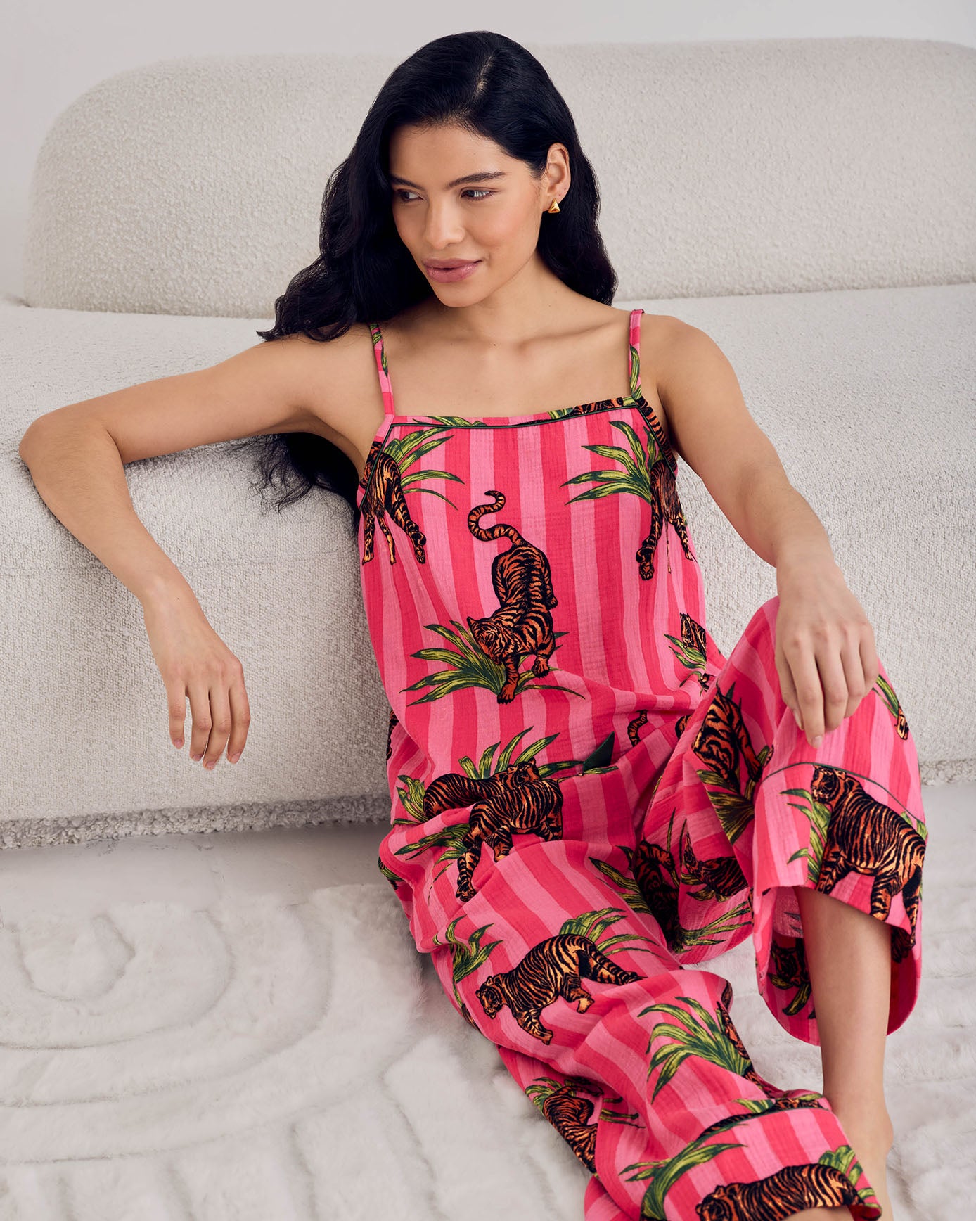 Organic Cotton Leaf Tiger Stripe Print Cami Long Pyjama Set