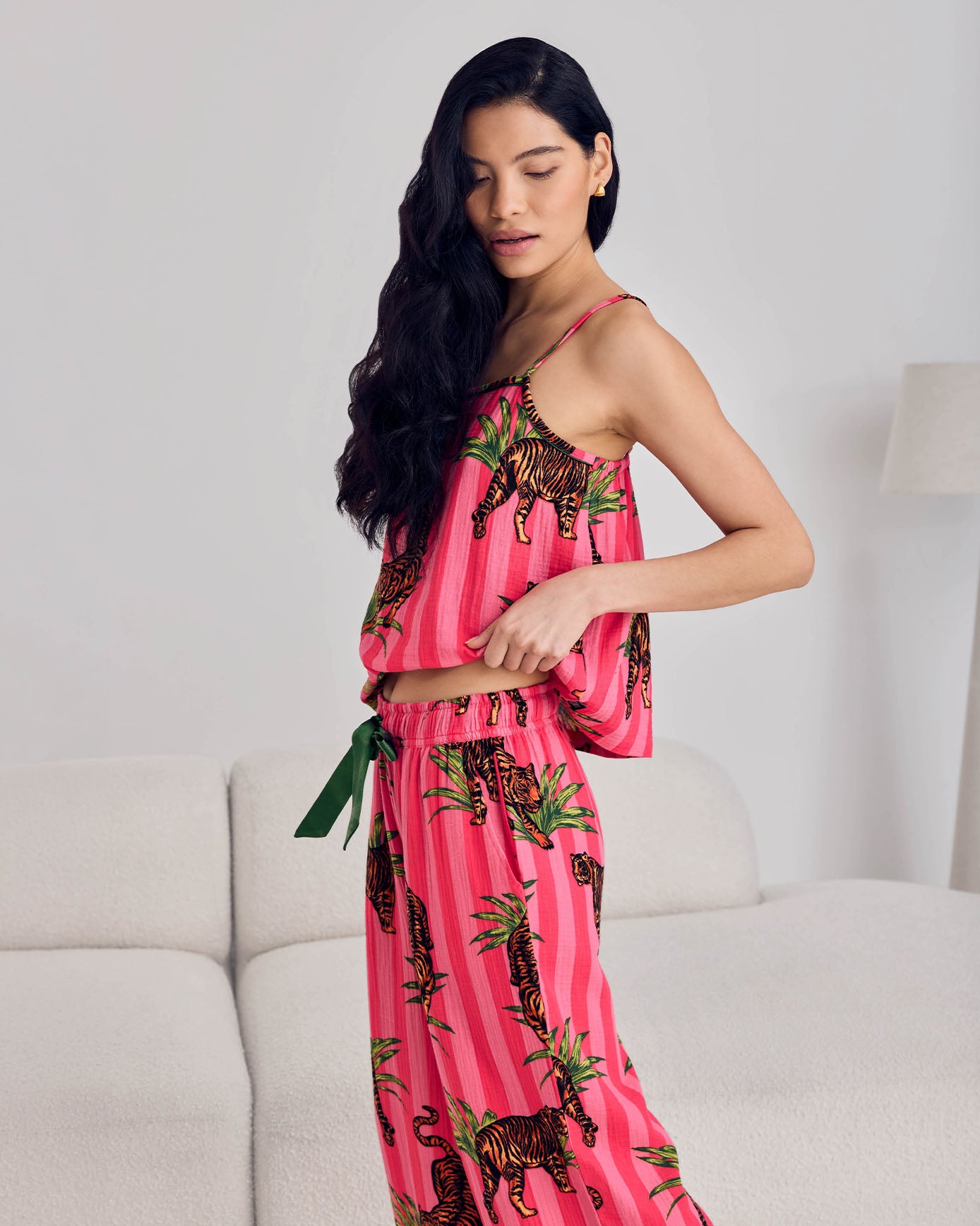 Organic Cotton Leaf Tiger Stripe Print Cami Long Pyjama Set
