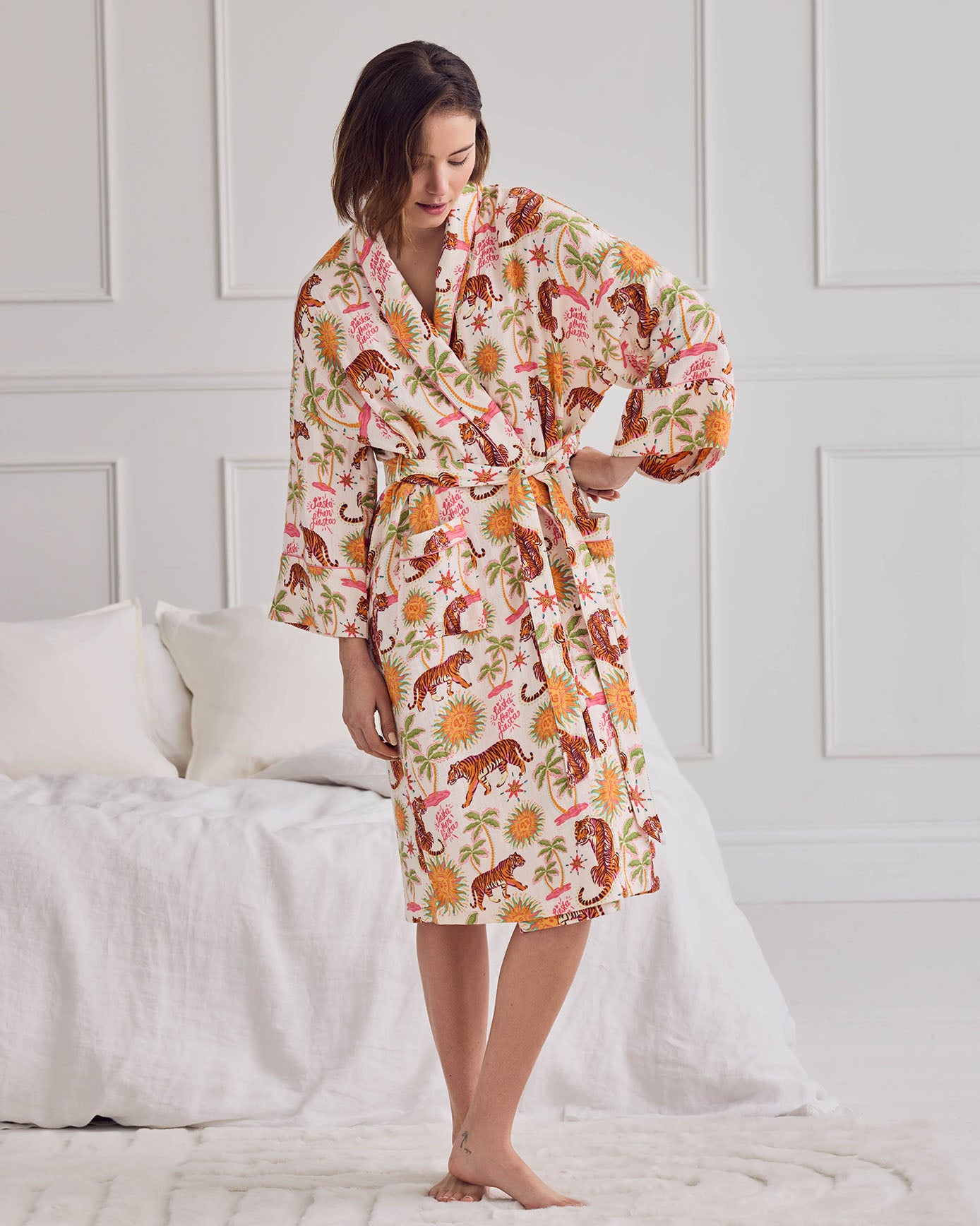 Organic Cotton Cheesecloth Siesta Tiger Print Dressing Gown
