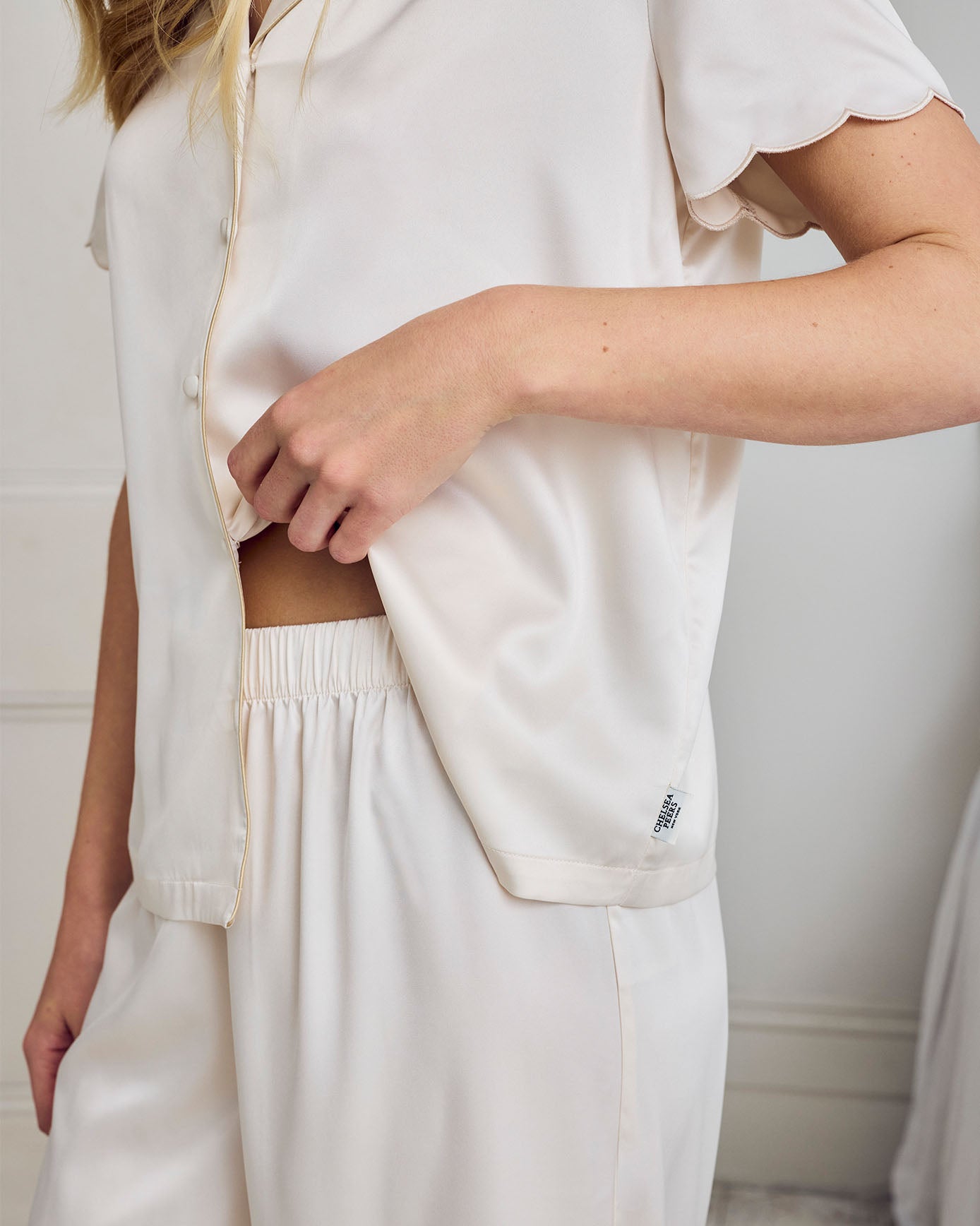 Satin Scallop Edge Long Pyjama Set - Cream