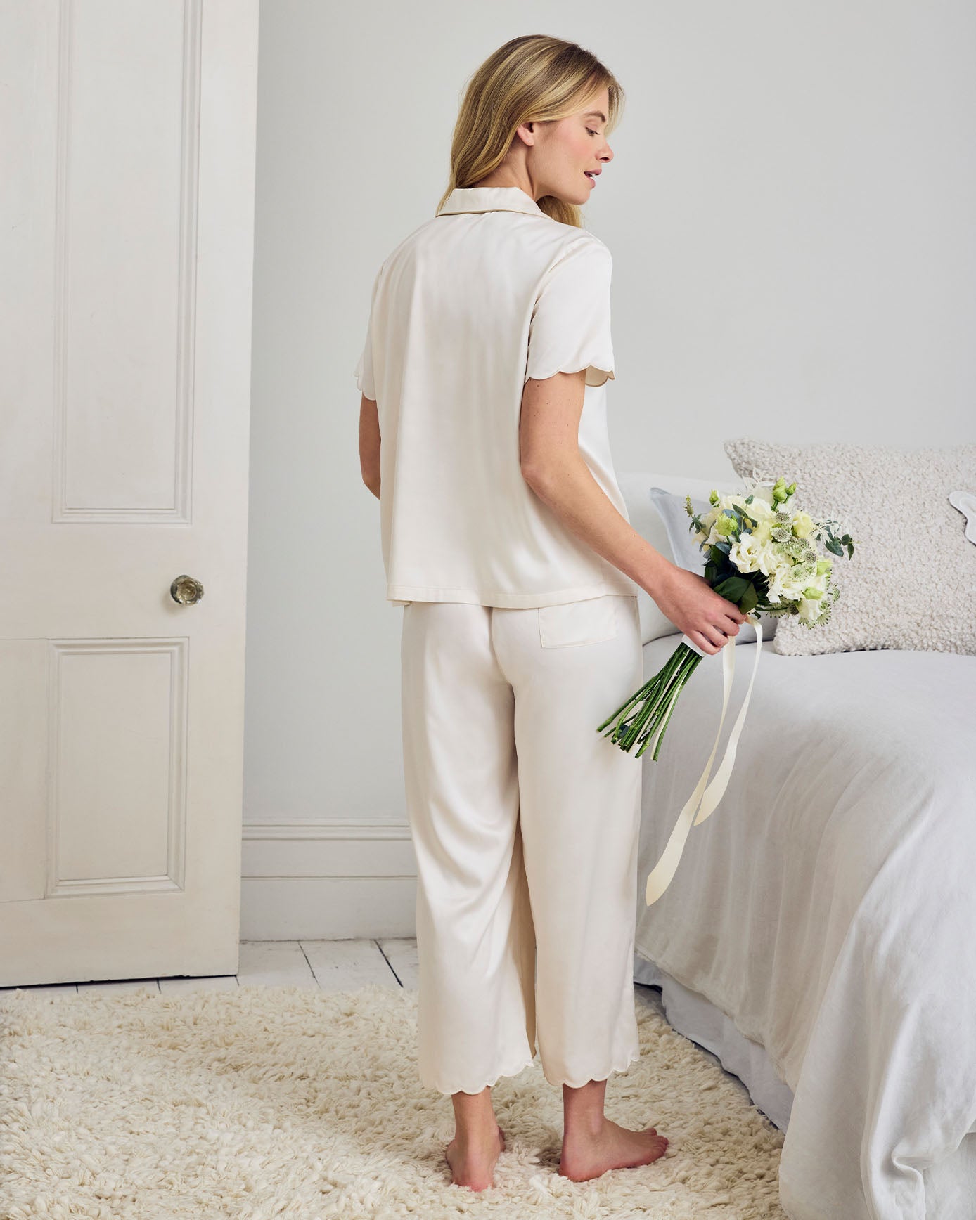 Satin Scallop Edge Long Pyjama Set - Cream