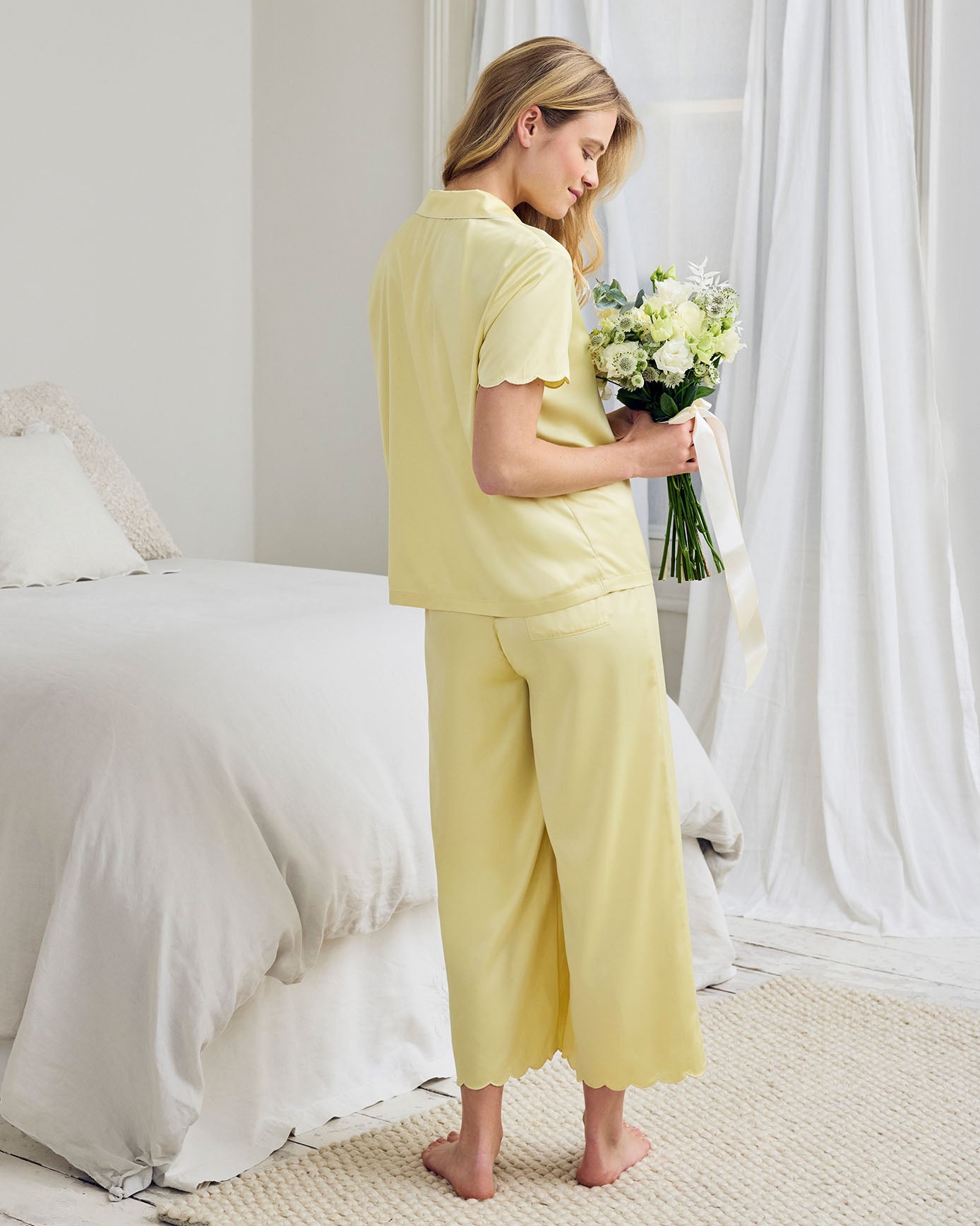 Satin Scallop Edge Long Pyjama Set - Butter Yellow