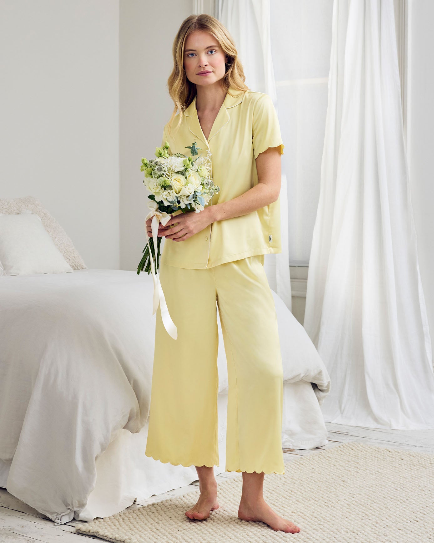 Satin Scallop Edge Long Pyjama Set - Butter Yellow