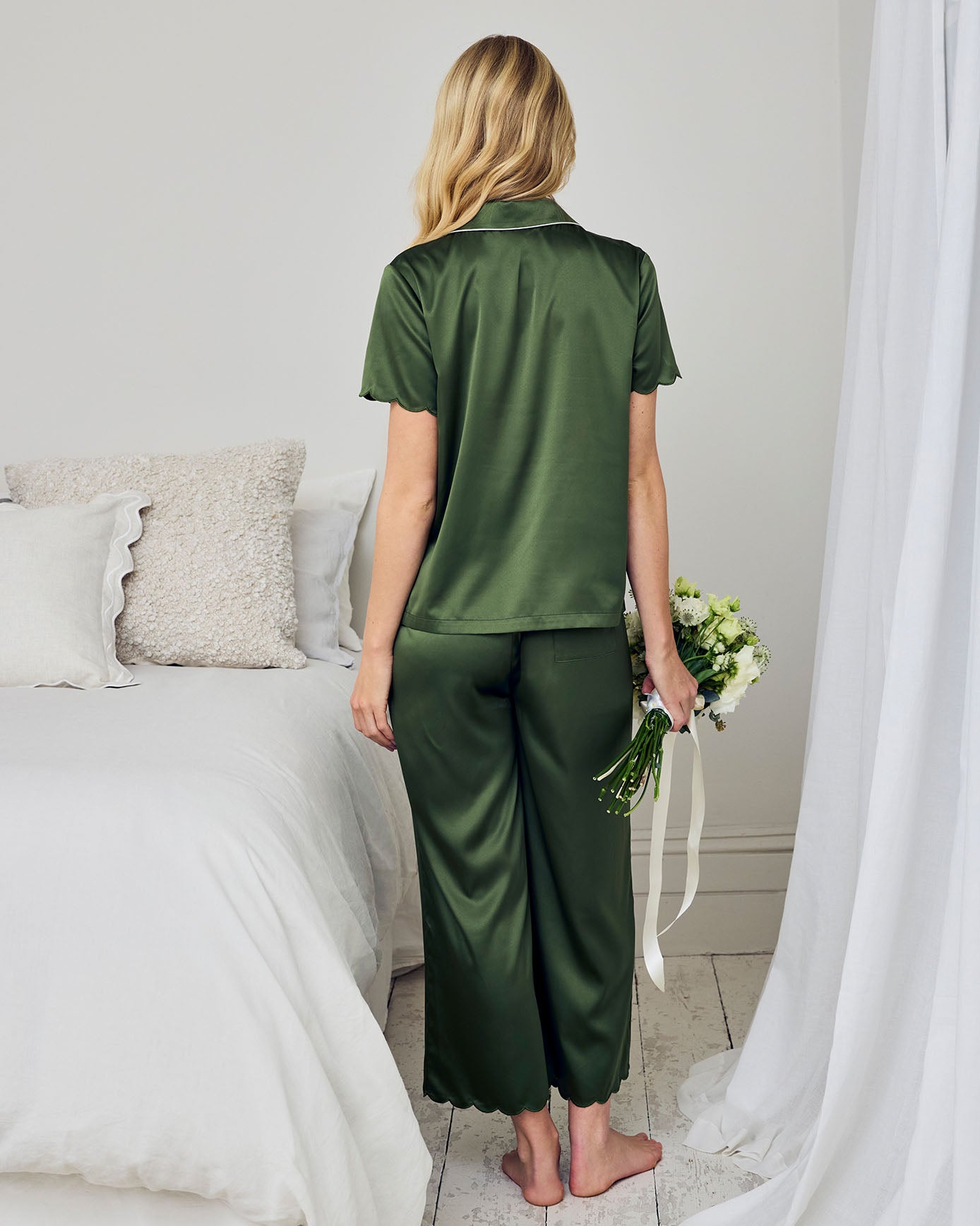Satin Scallop Edge Long Pyjama Set - Khaki