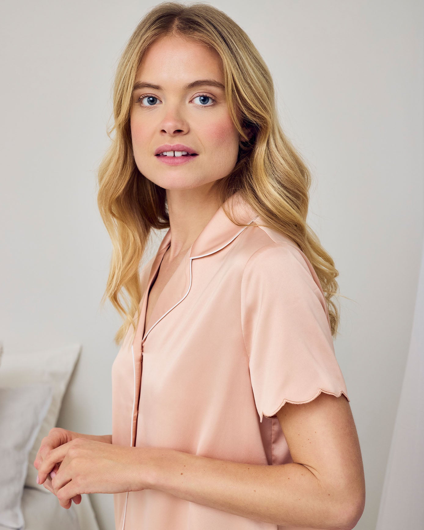 Satin Scallop Edge Long Pyjama Set - Soft Rose