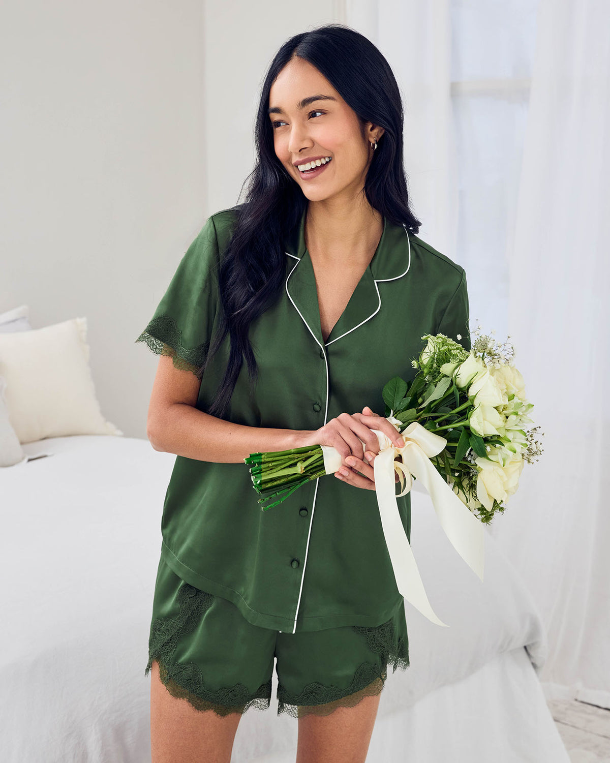 Satin Tulip Hem Lace Trim Button Up Short Pyjama Set Forest Green