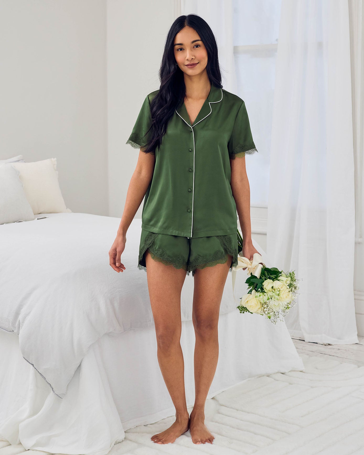 Satin Tulip Hem Lace Trim Button Up Short Pyjama Set - Khaki