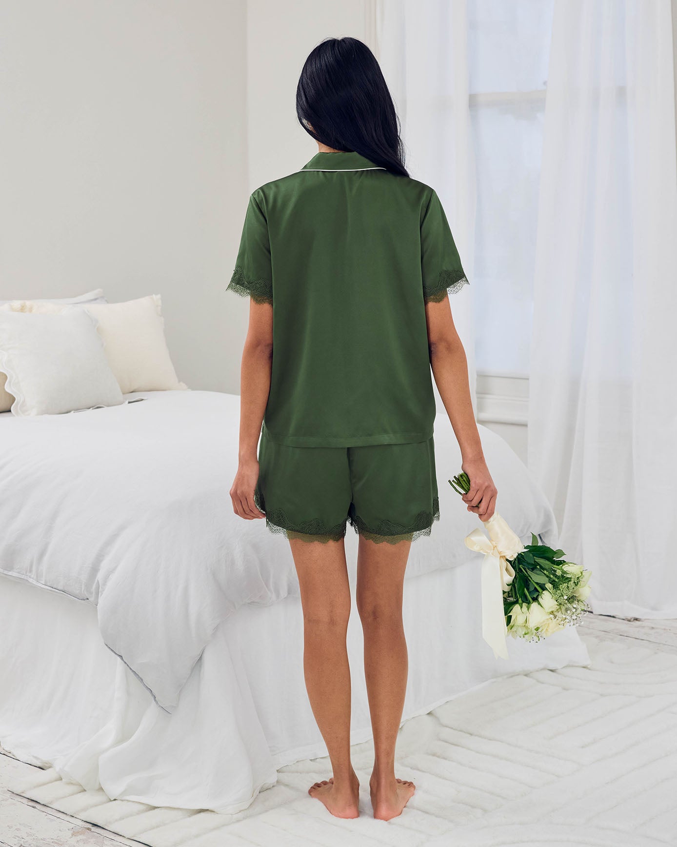 Satin Tulip Hem Lace Trim Button Up Short Pyjama Set - Khaki
