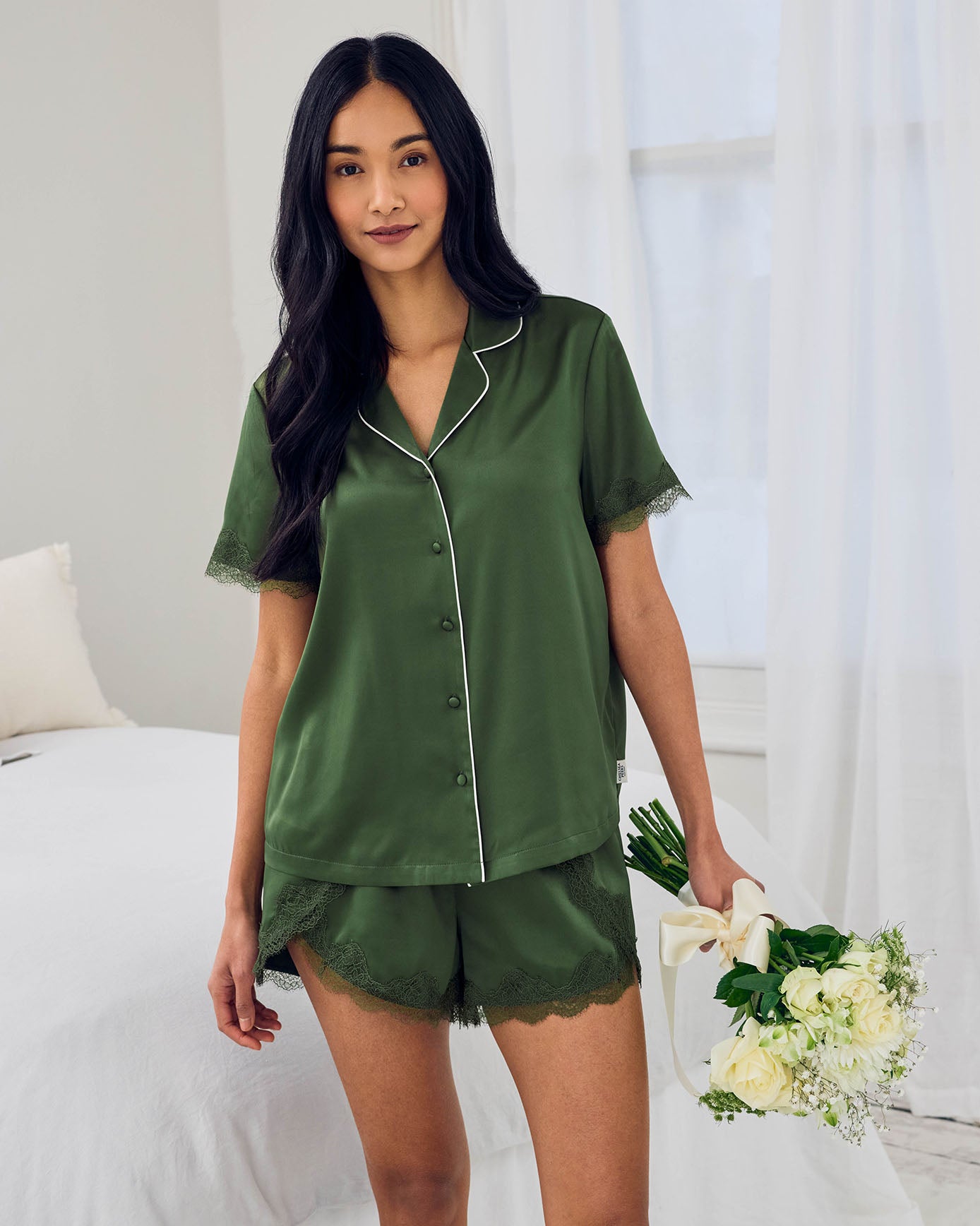 Satin Tulip Hem Lace Trim Button Up Short Pyjama Set - Khaki