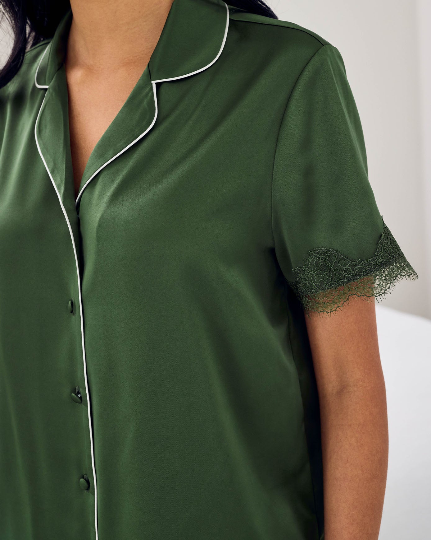 Satin Tulip Hem Lace Trim Button Up Short Pyjama Set - Khaki