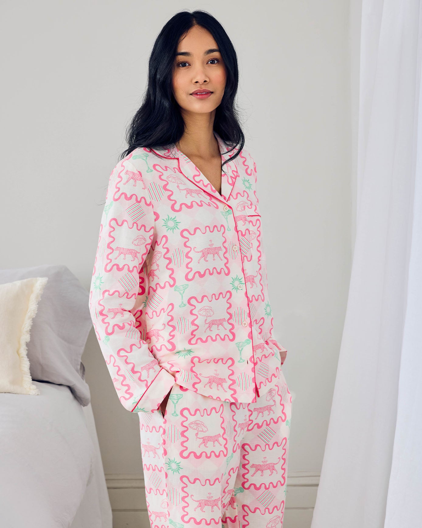 Linen-Blend Cocktail Leopard Geo Print Long Pyjama Set