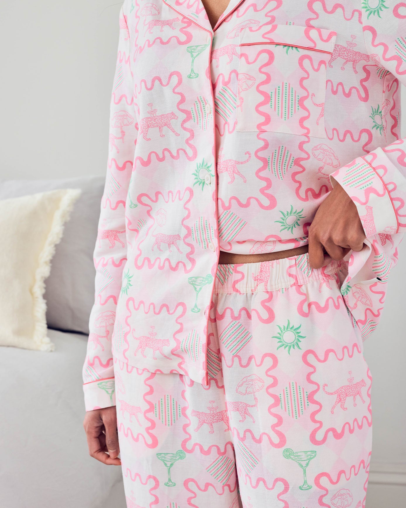 Linen-Blend Cocktail Leopard Geo Print Long Pyjama Set