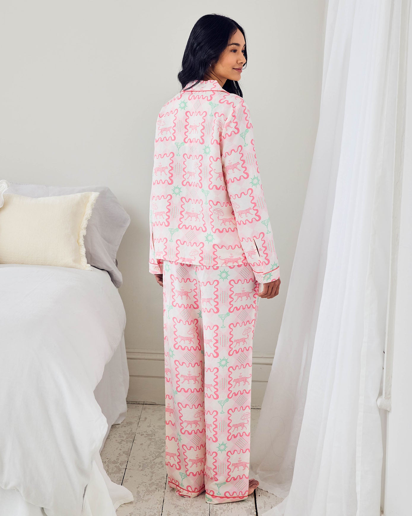 Linen-Blend Cocktail Leopard Geo Print Long Pyjama Set
