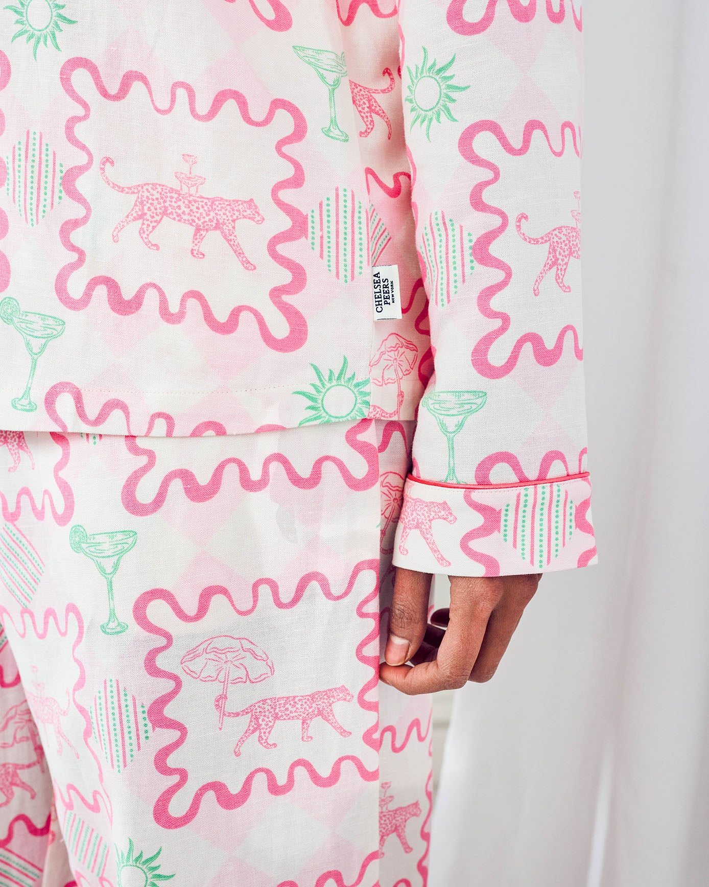 Linen-Blend Cocktail Leopard Geo Print Long Pyjama Set