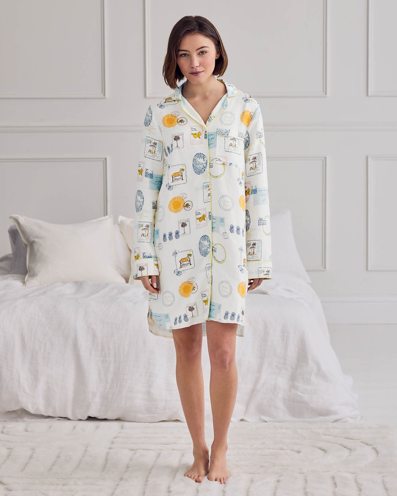 Linen Blend Scenic Stamps Print Nightshirt