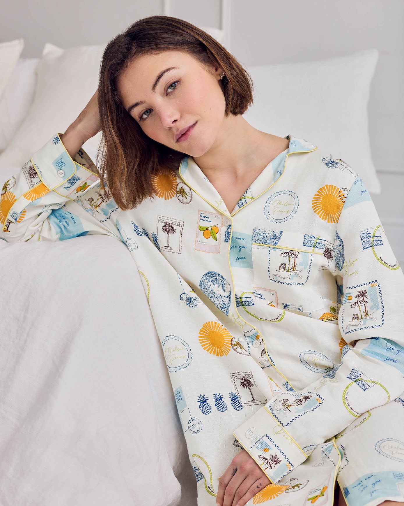 Linen Blend Scenic Stamps Print Nightshirt