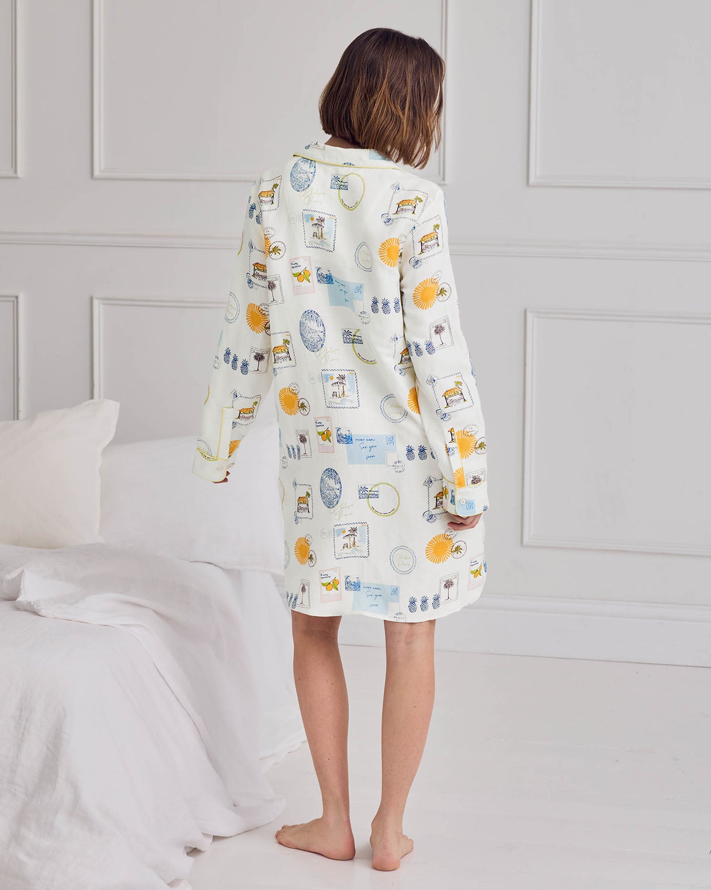 Linen Blend Scenic Stamps Print Nightshirt